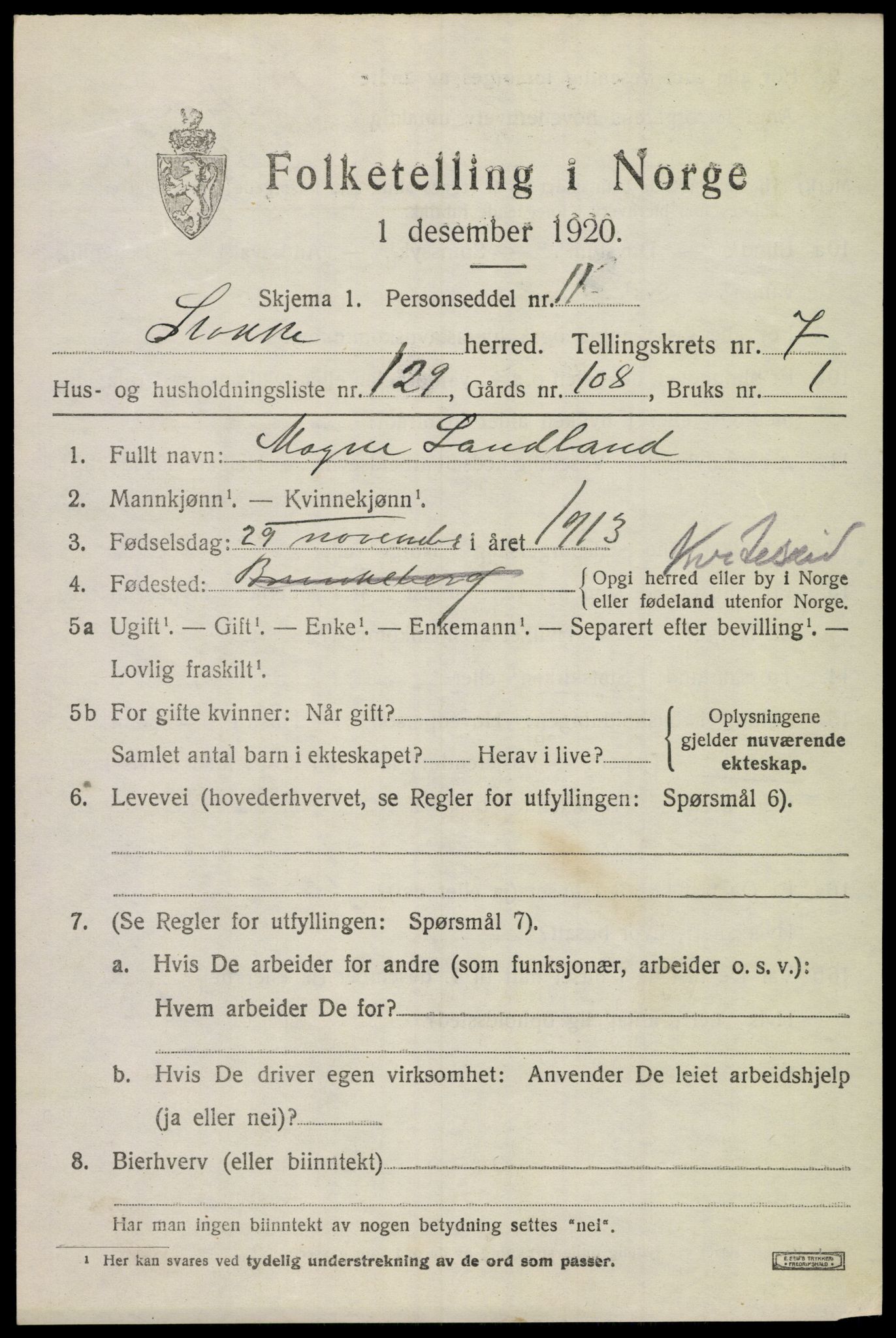 SAKO, 1920 census for Stokke, 1920, p. 9288