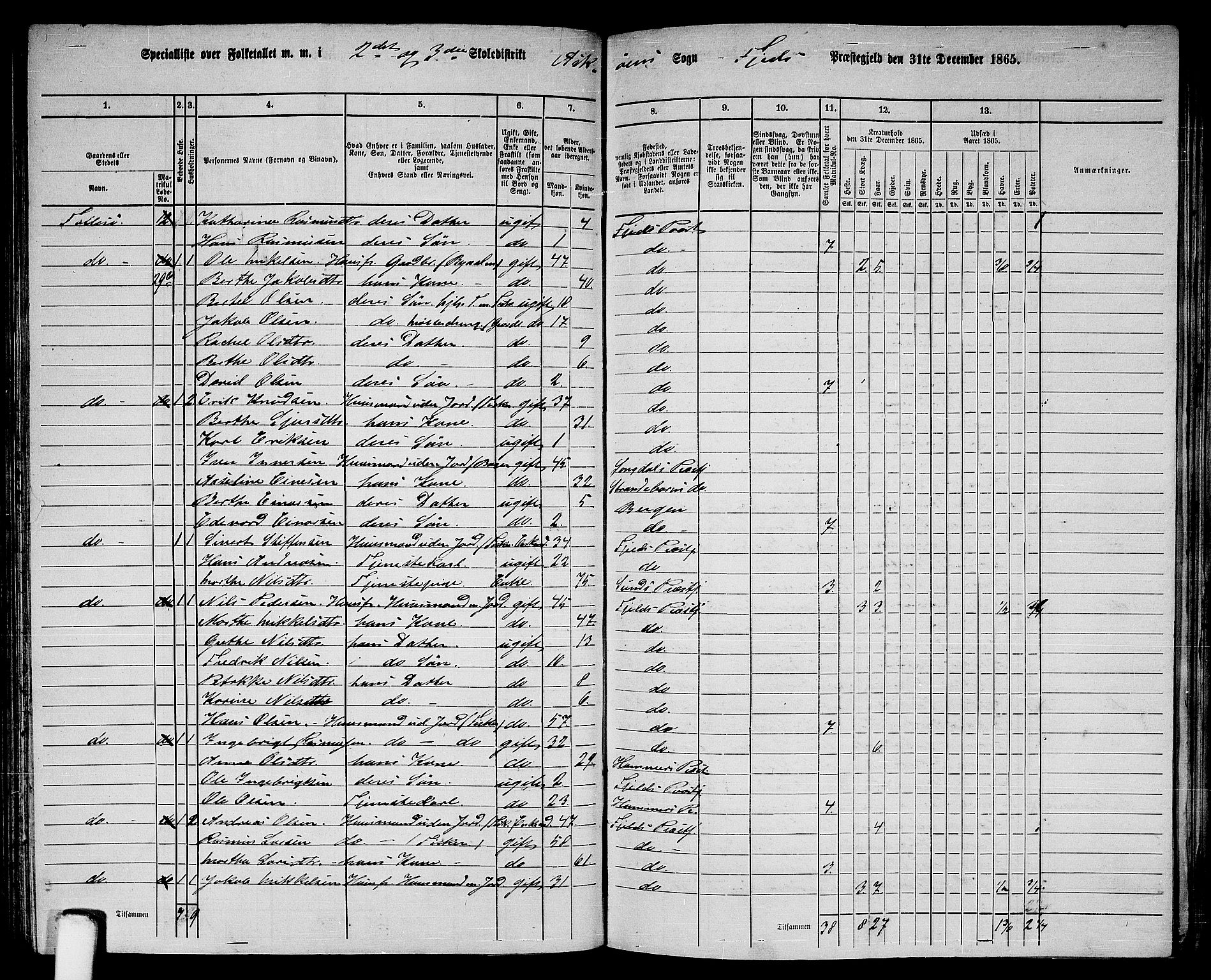 RA, 1865 census for Fjell, 1865, p. 135