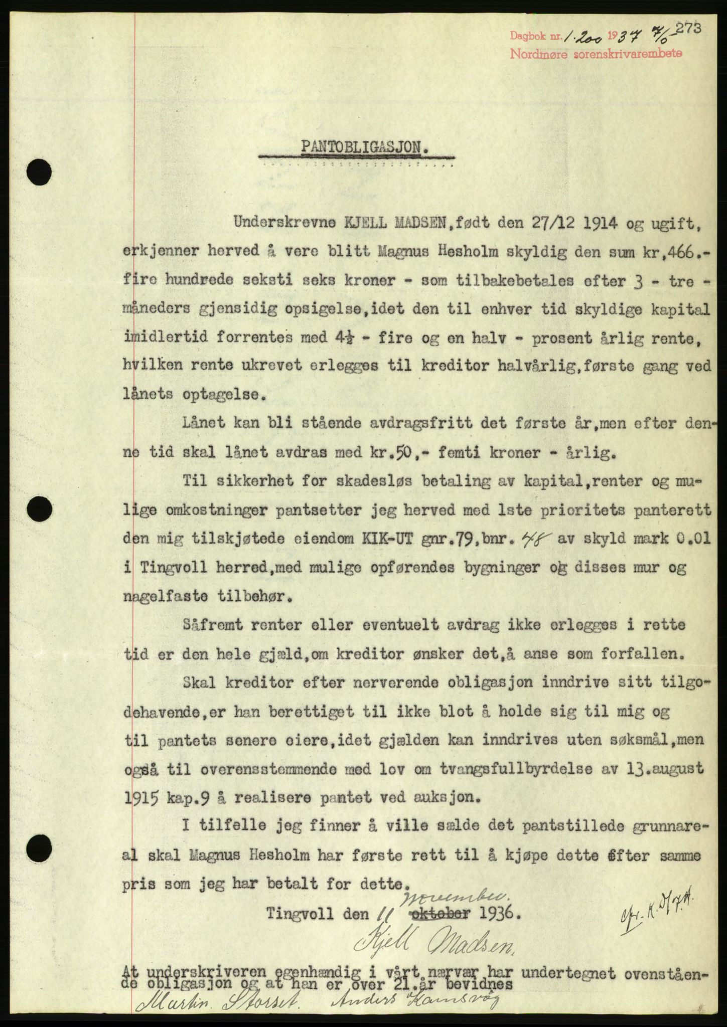 Nordmøre sorenskriveri, AV/SAT-A-4132/1/2/2Ca/L0091: Mortgage book no. B81, 1937-1937, Diary no: : 1200/1937