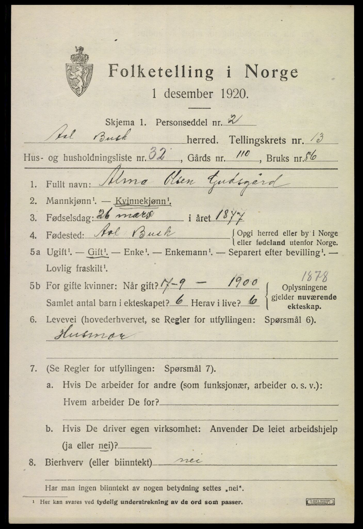 SAKO, 1920 census for Ål, 1920, p. 7698