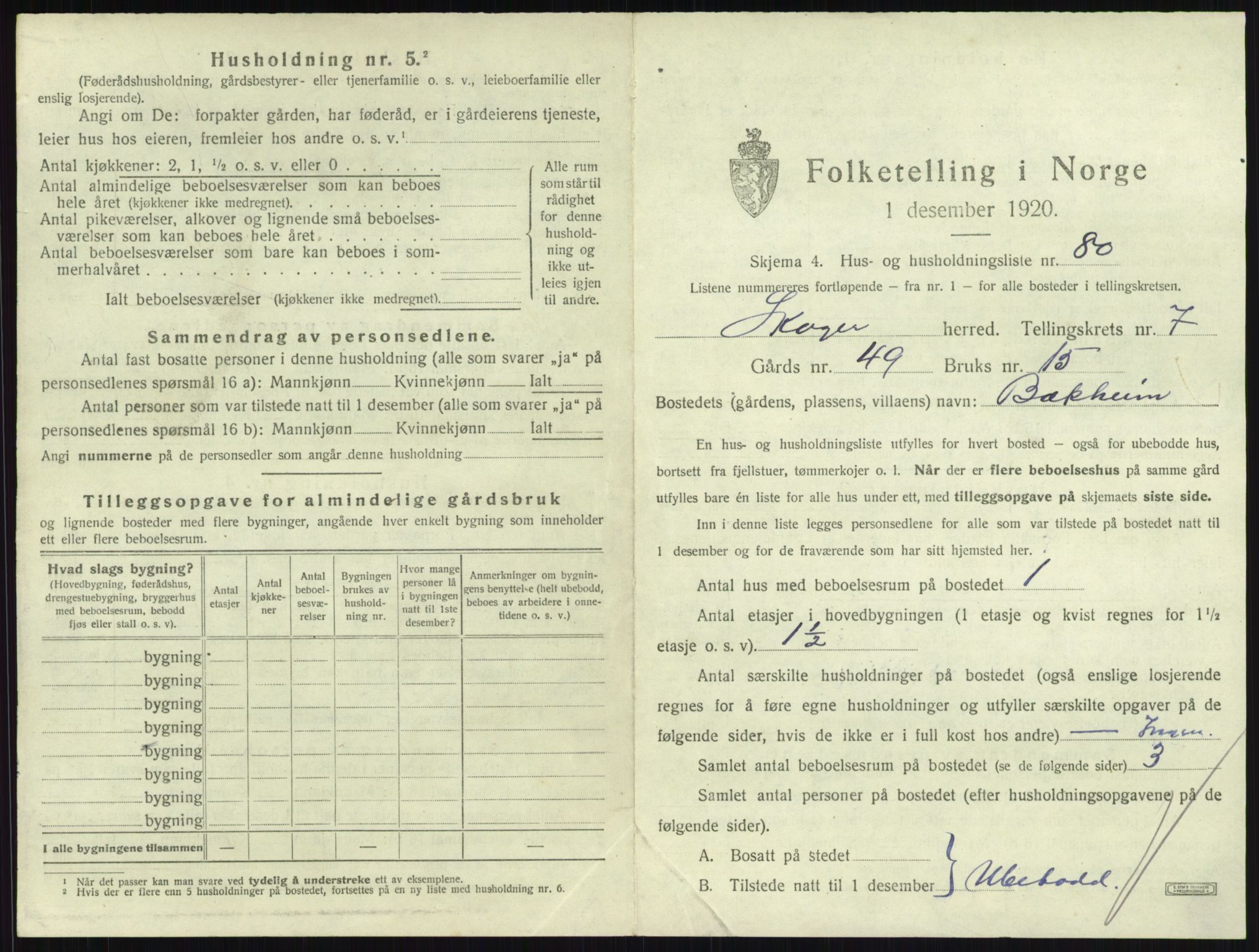 SAKO, 1920 census for Skoger, 1920, p. 1633