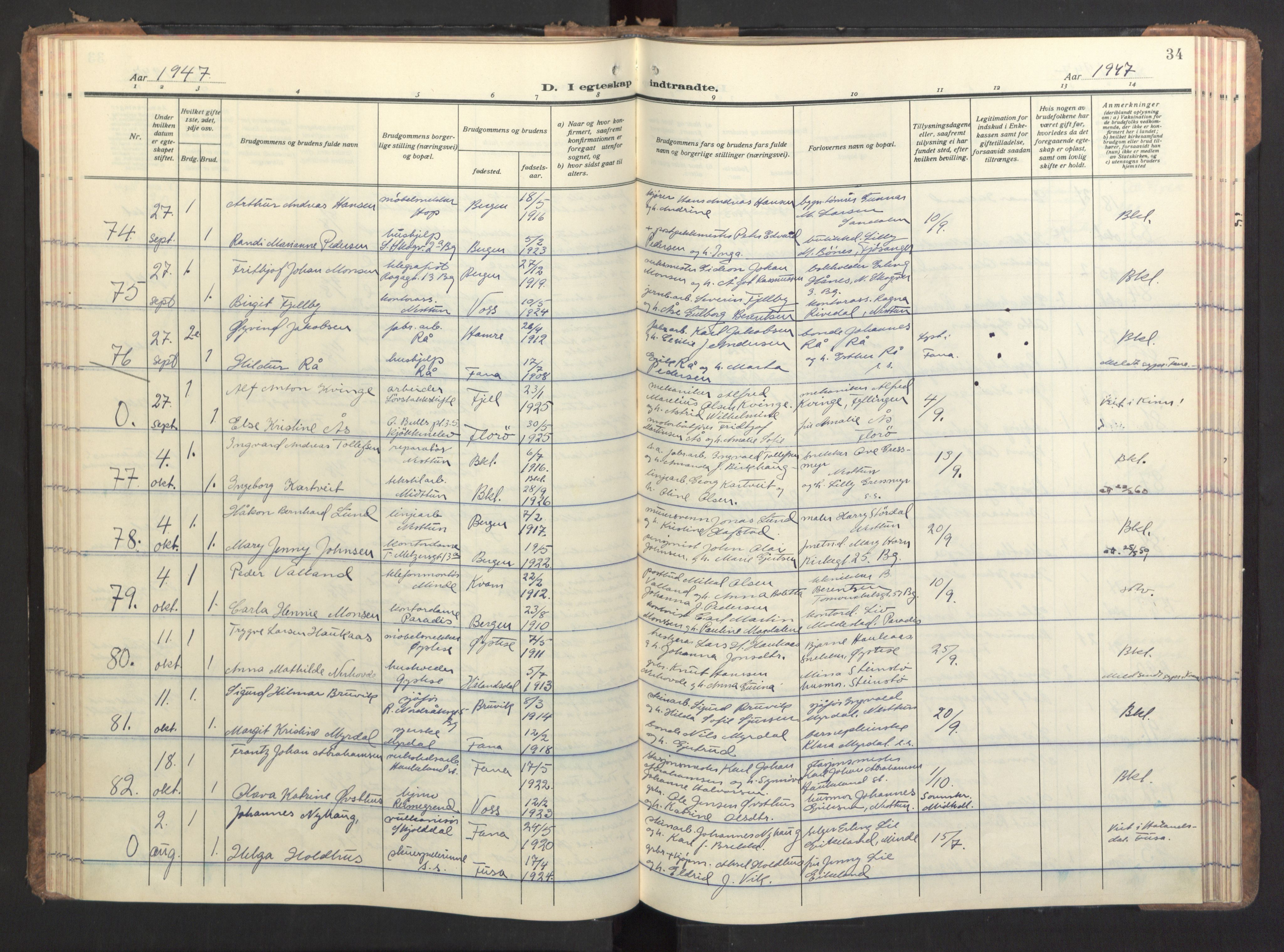 Birkeland Sokneprestembete, AV/SAB-A-74601/H/Haa/Haac/L0001: Parish register (official) no. C 1, 1944-1954, p. 34