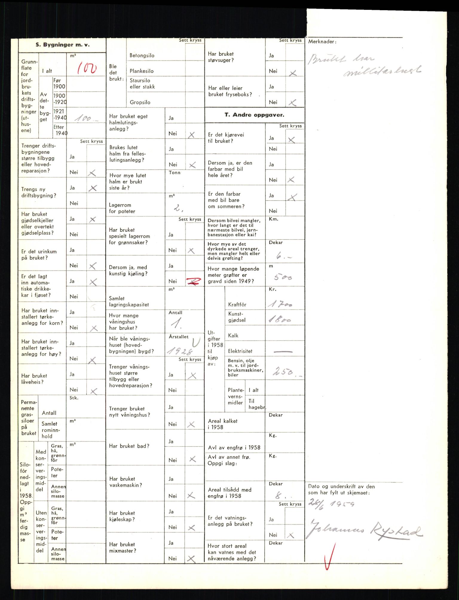 Statistisk sentralbyrå, Næringsøkonomiske emner, Jordbruk, skogbruk, jakt, fiske og fangst, AV/RA-S-2234/G/Gd/L0655: Troms: 1924 Målselv (kl. 4-10), 1959, p. 1435