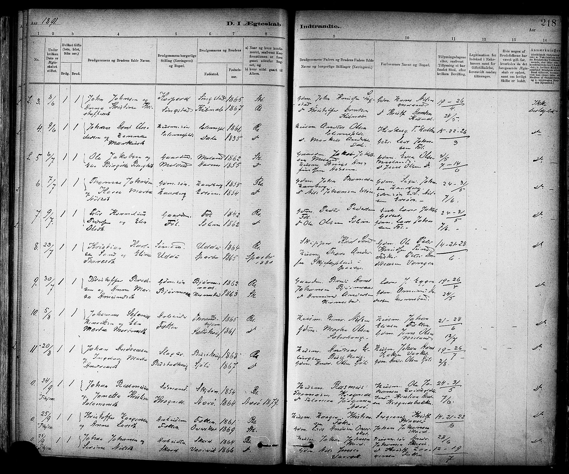 Ministerialprotokoller, klokkerbøker og fødselsregistre - Sør-Trøndelag, SAT/A-1456/647/L0634: Parish register (official) no. 647A01, 1885-1896, p. 218