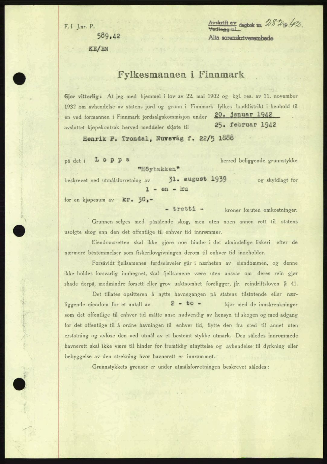 Alta fogderi/sorenskriveri, SATØ/SATØ-5/1/K/Kd/L0033pantebok: Mortgage book no. 33, 1940-1943, Diary no: : 282/1942