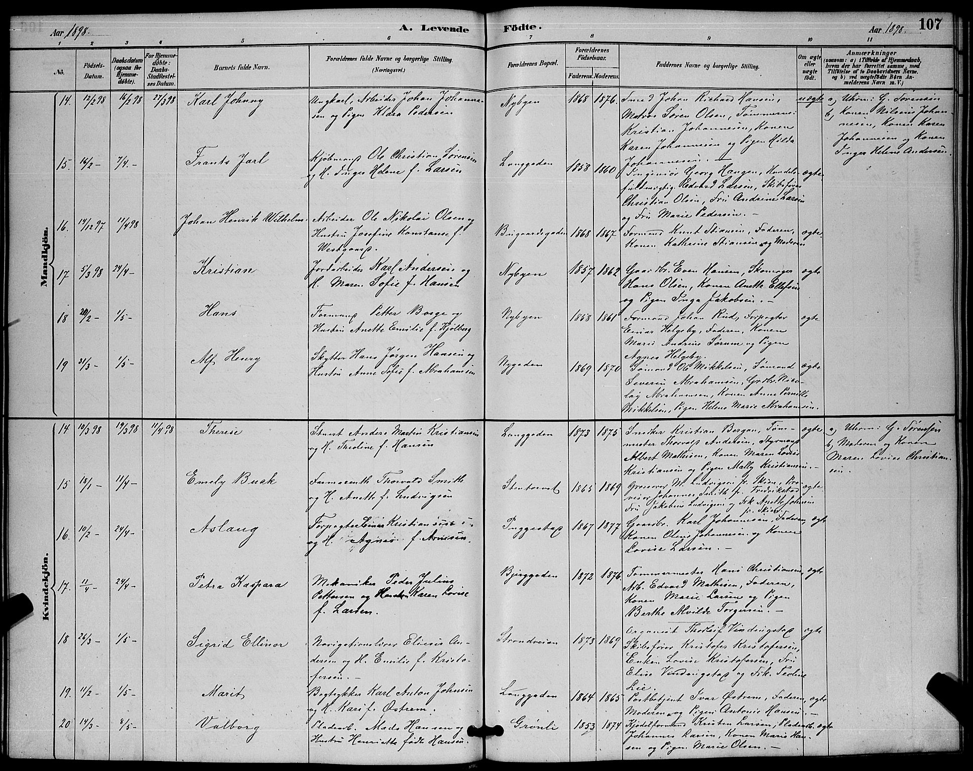 Sandefjord kirkebøker, AV/SAKO-A-315/G/Ga/L0001: Parish register (copy) no. 1, 1885-1903, p. 107