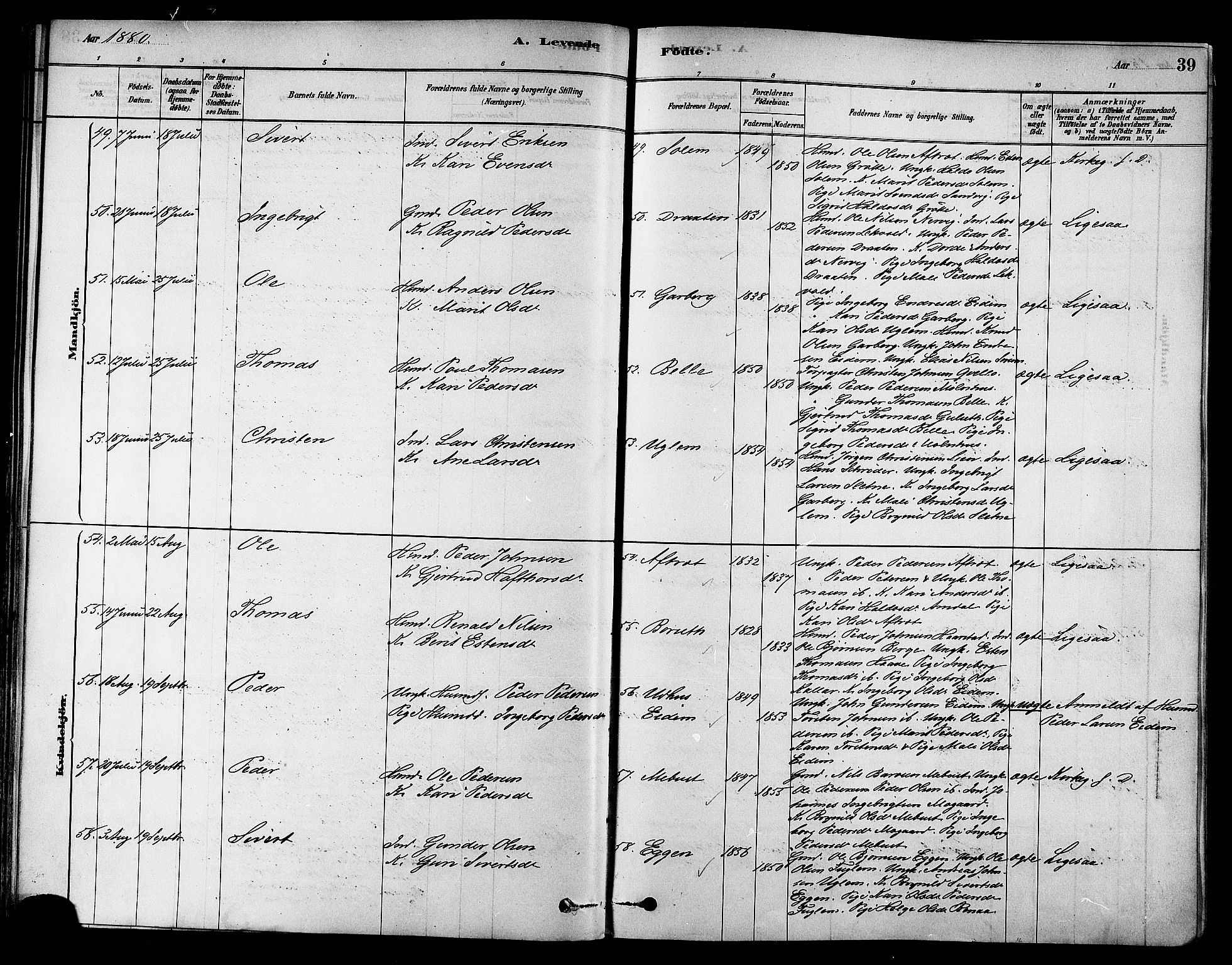 Ministerialprotokoller, klokkerbøker og fødselsregistre - Sør-Trøndelag, AV/SAT-A-1456/695/L1148: Parish register (official) no. 695A08, 1878-1891, p. 39