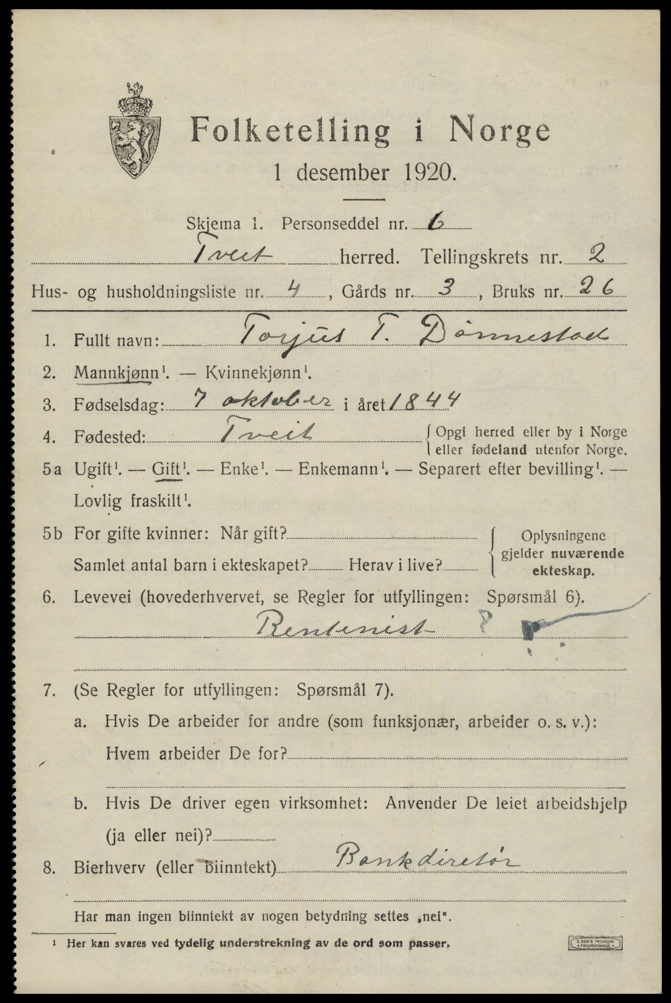 SAK, 1920 census for Tveit, 1920, p. 1260
