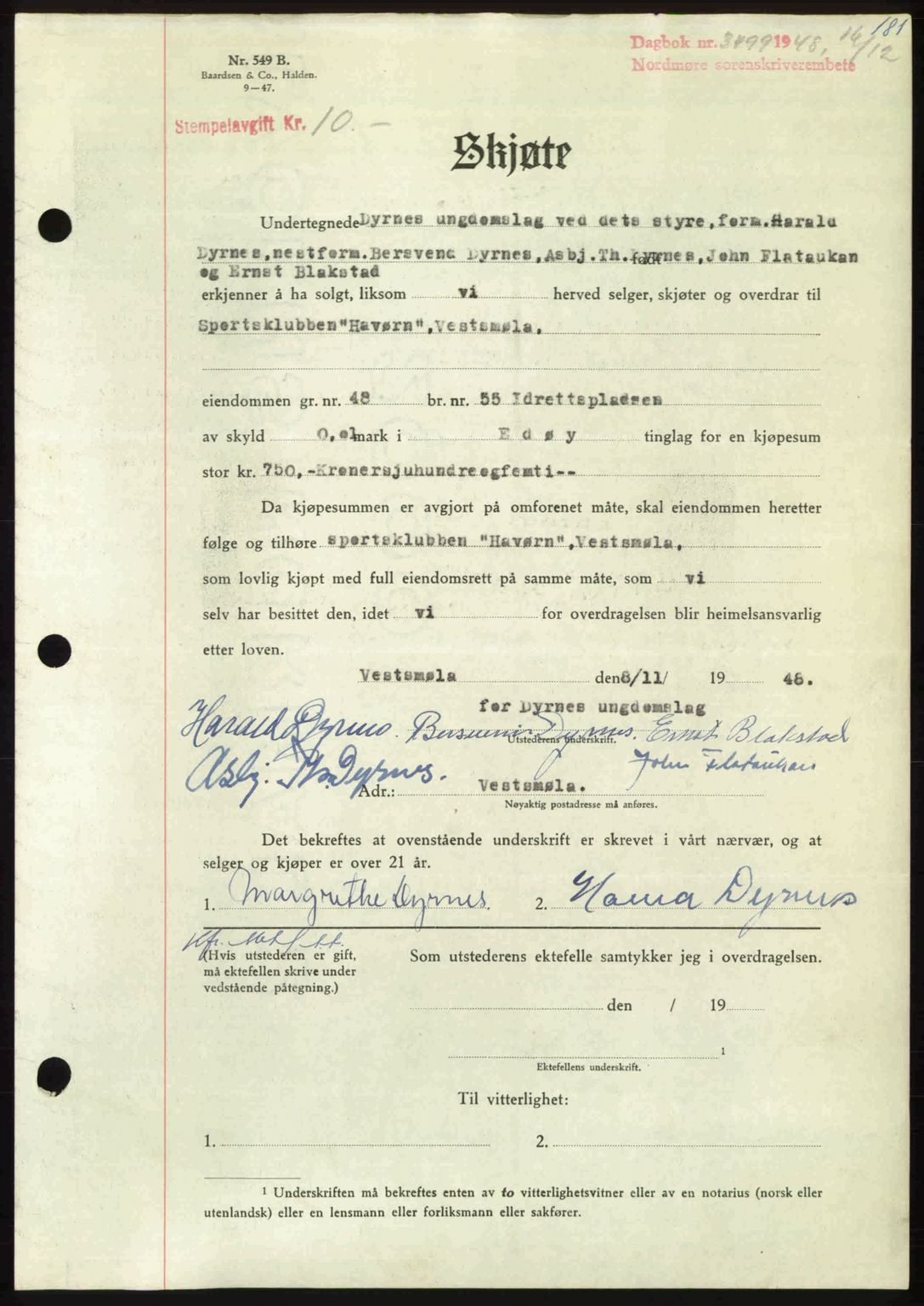 Nordmøre sorenskriveri, AV/SAT-A-4132/1/2/2Ca: Mortgage book no. A110, 1948-1949, Diary no: : 3499/1948