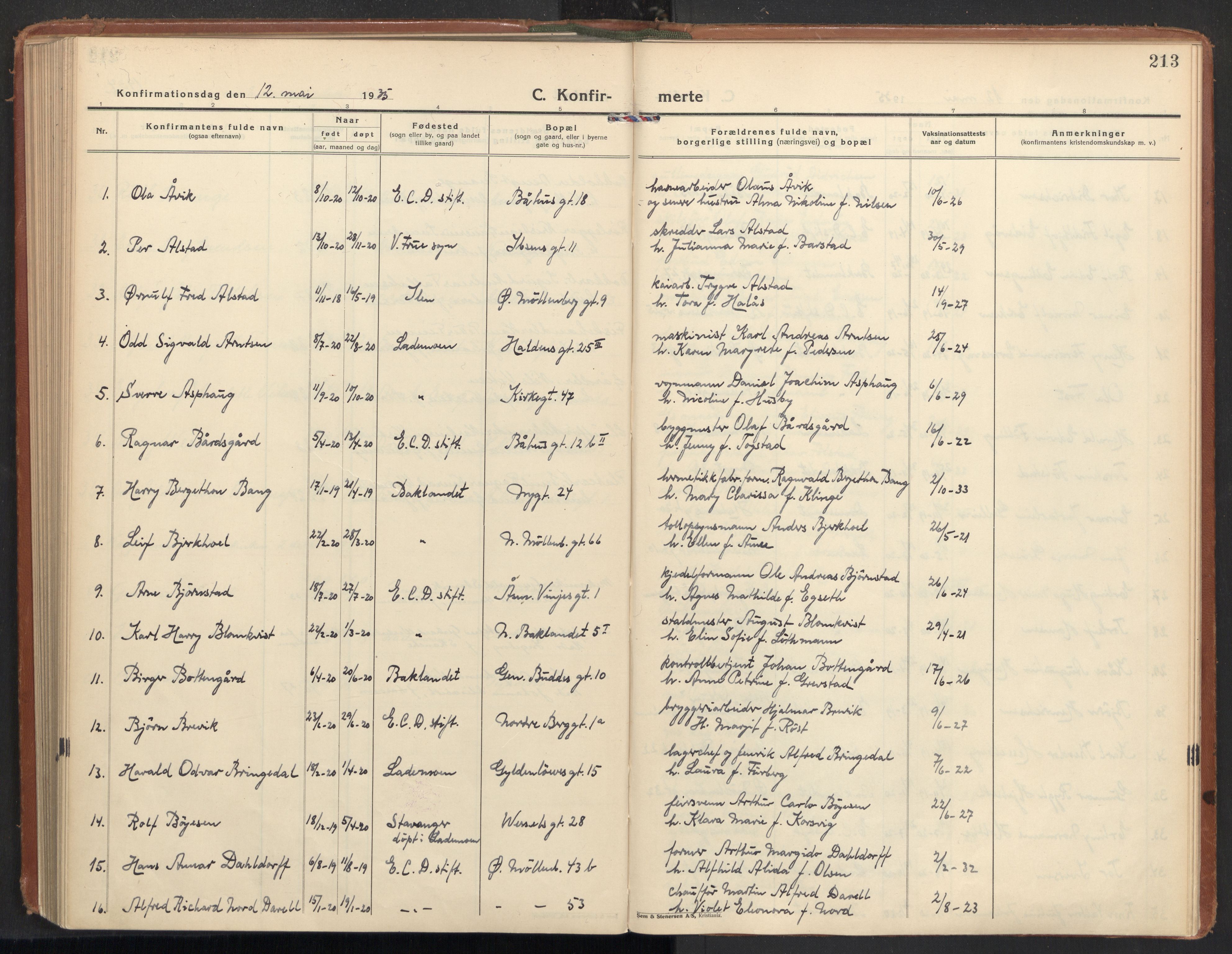 Ministerialprotokoller, klokkerbøker og fødselsregistre - Sør-Trøndelag, SAT/A-1456/604/L0208: Parish register (official) no. 604A28, 1923-1937, p. 213