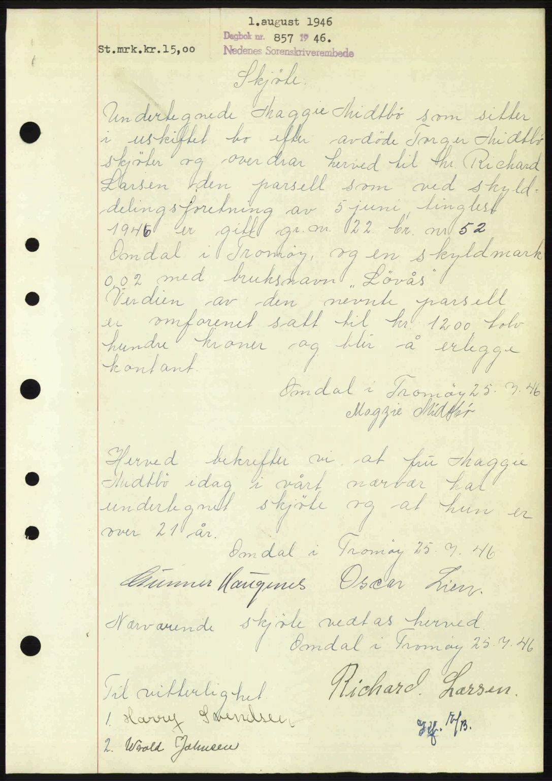 Nedenes sorenskriveri, AV/SAK-1221-0006/G/Gb/Gba/L0055: Mortgage book no. A7, 1946-1946, Diary no: : 857/1946