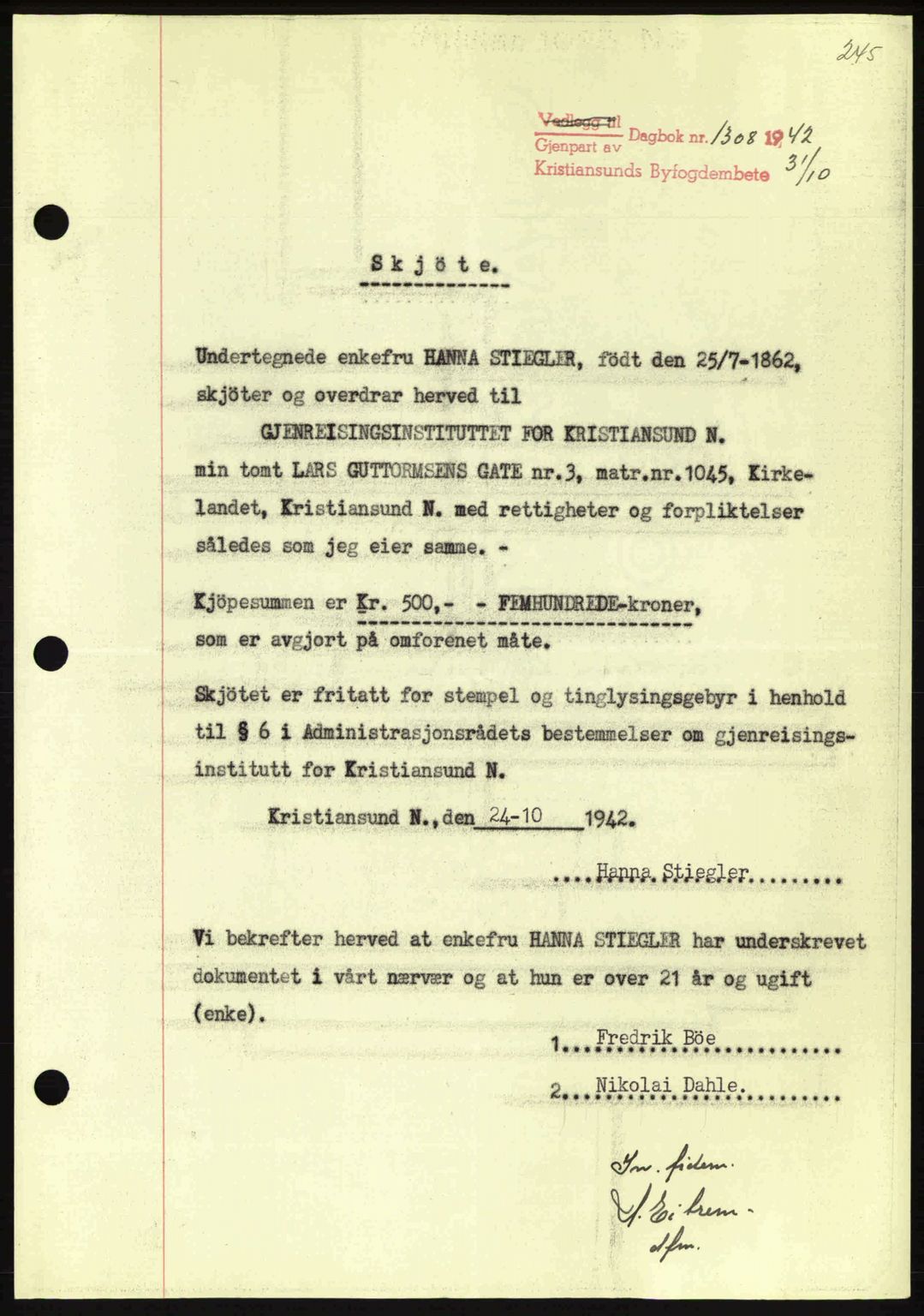 Kristiansund byfogd, AV/SAT-A-4587/A/27: Mortgage book no. 34, 1941-1945, Diary no: : 1308/1942