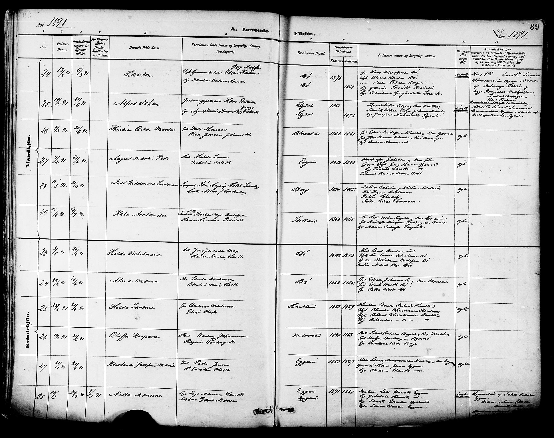 Ministerialprotokoller, klokkerbøker og fødselsregistre - Nordland, AV/SAT-A-1459/880/L1133: Parish register (official) no. 880A07, 1888-1898, p. 39