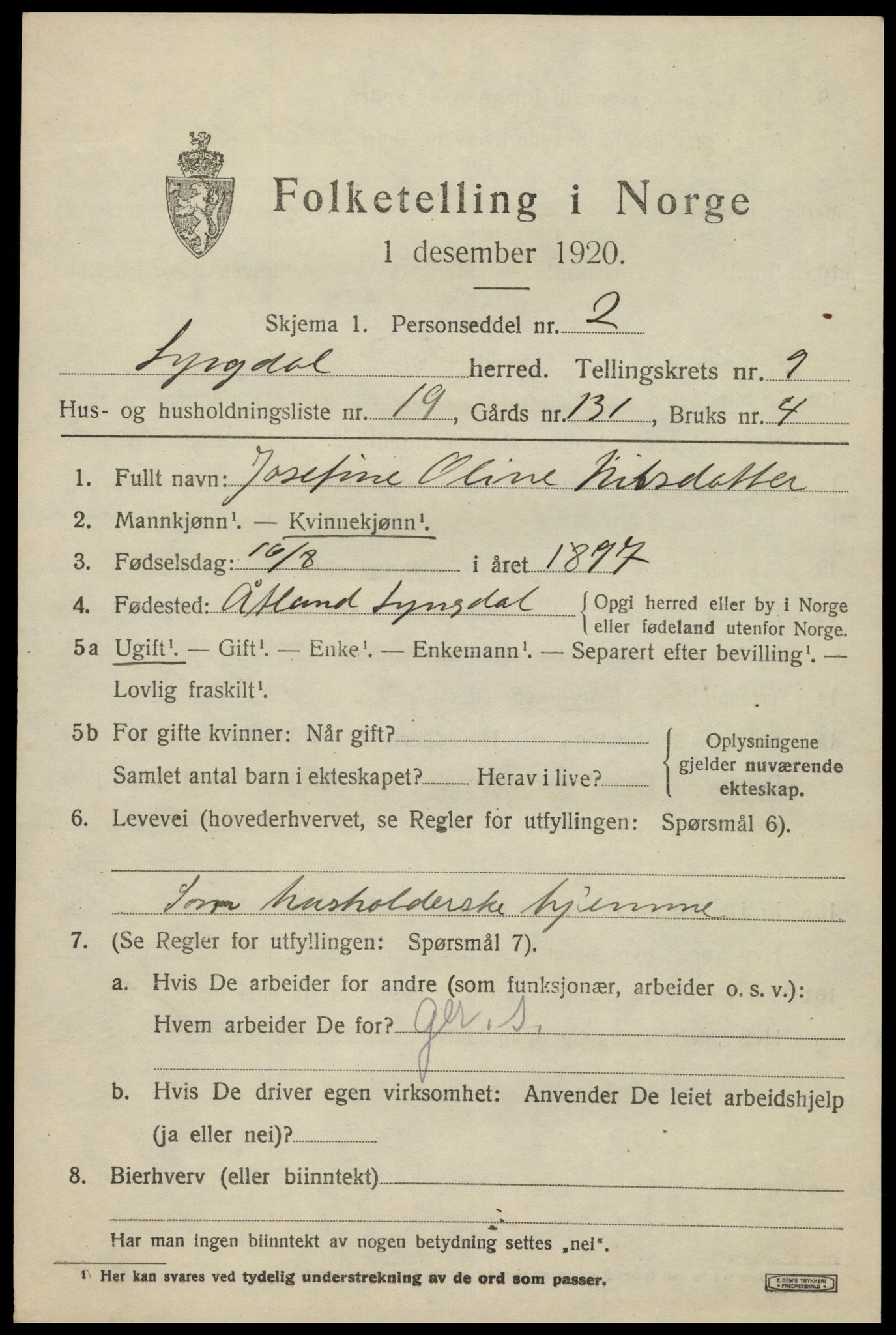 SAK, 1920 census for Lyngdal, 1920, p. 4807