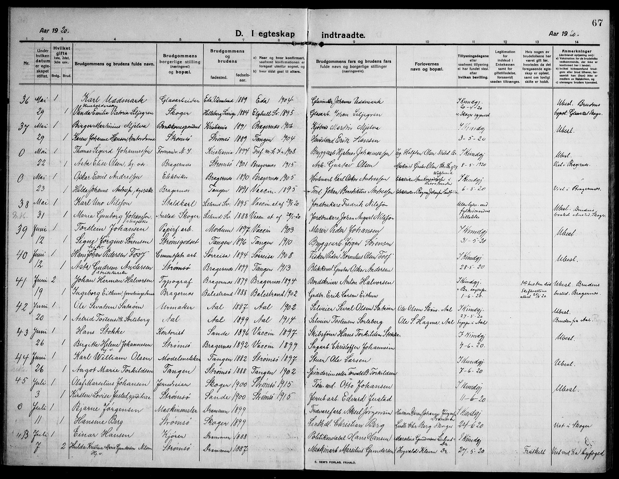 Strømsø kirkebøker, AV/SAKO-A-246/F/Fa/L0027: Parish register (official) no. I 28, 1912-1931, p. 67