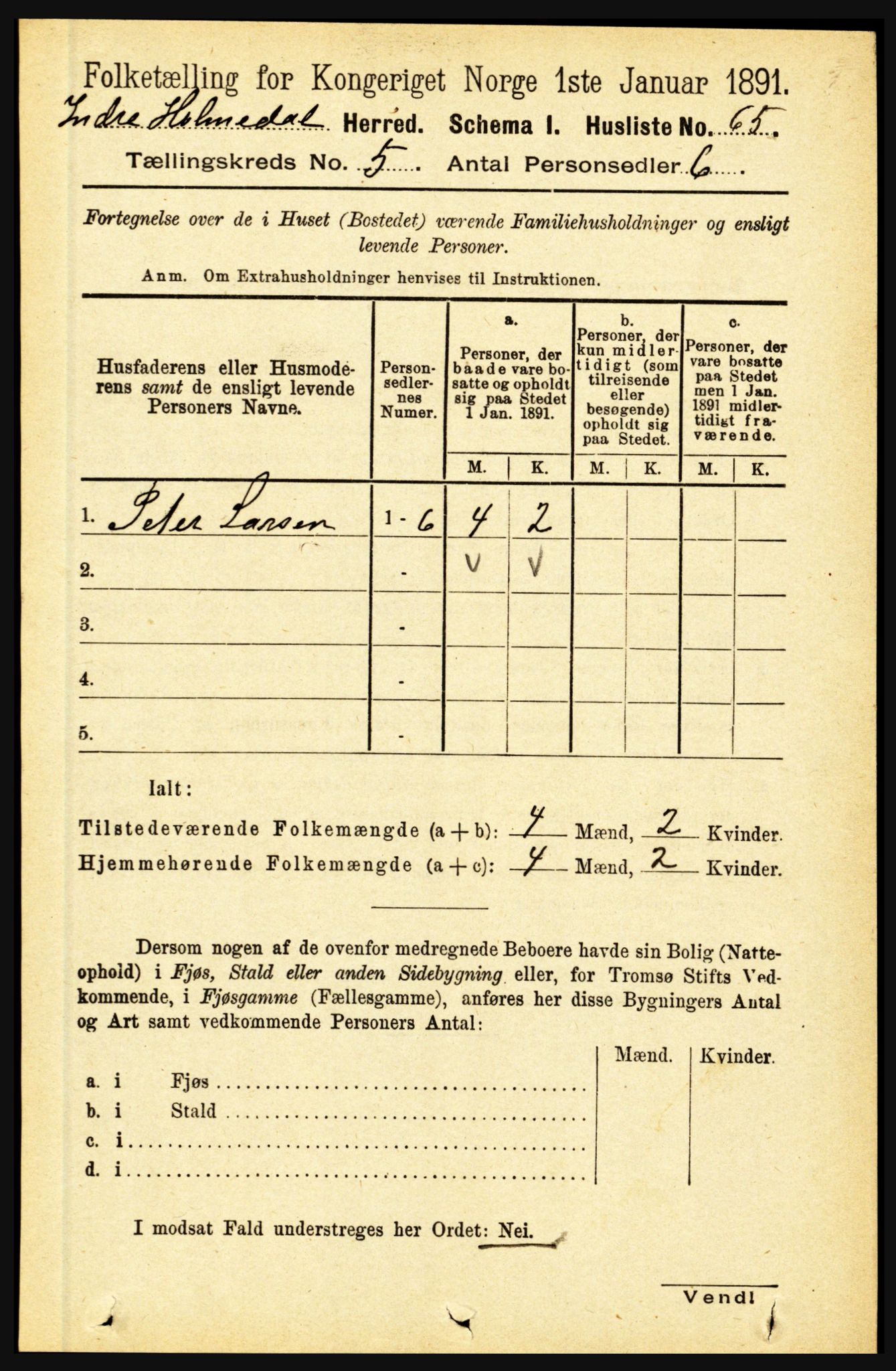 RA, 1891 census for 1430 Indre Holmedal, 1891, p. 1889