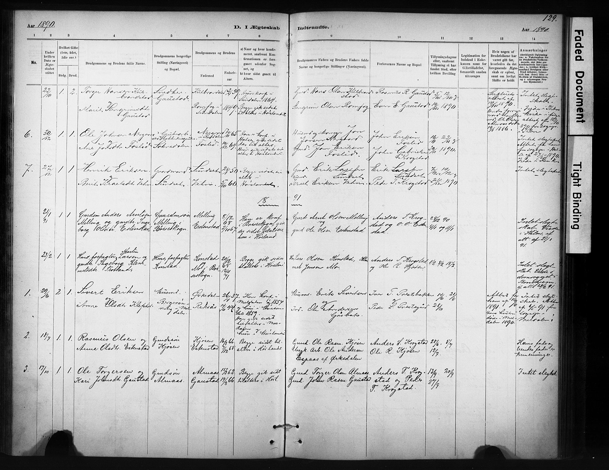 Ministerialprotokoller, klokkerbøker og fødselsregistre - Sør-Trøndelag, AV/SAT-A-1456/694/L1127: Parish register (official) no. 694A01, 1887-1905, p. 129