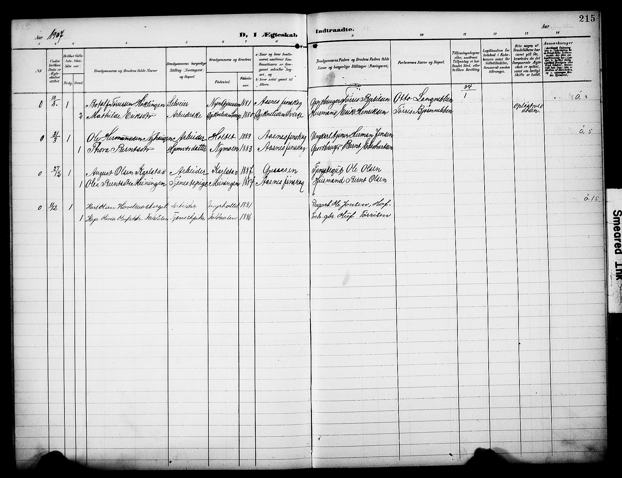 Åsnes prestekontor, AV/SAH-PREST-042/H/Ha/Hab/L0006: Parish register (copy) no. 6, 1903-1929, p. 215