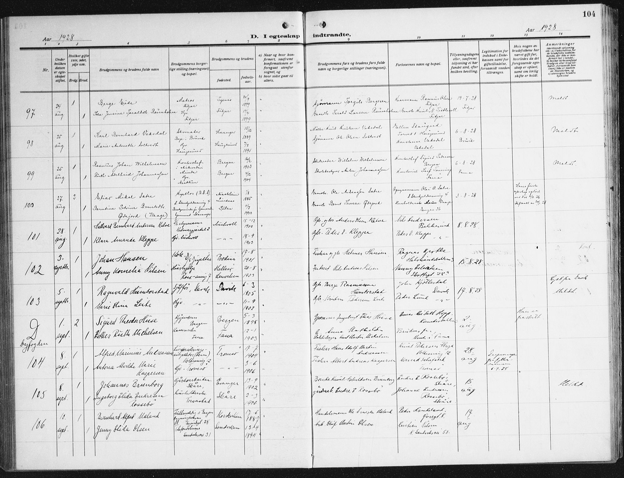 Domkirken sokneprestembete, SAB/A-74801/H/Haa/L0039: Parish register (official) no. D 6, 1921-1937, p. 104
