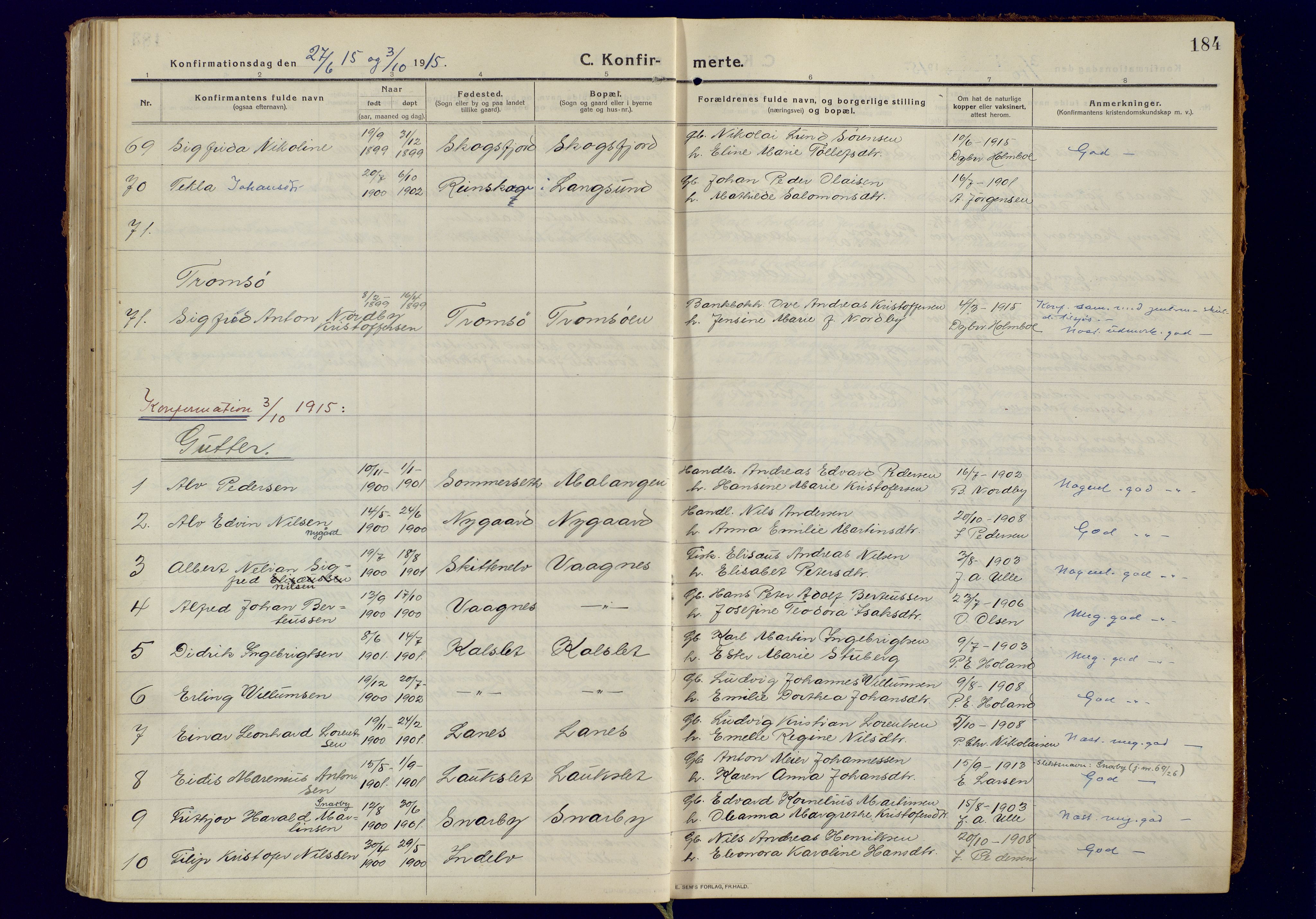 Tromsøysund sokneprestkontor, AV/SATØ-S-1304/G/Ga/L0008kirke: Parish register (official) no. 8, 1914-1922, p. 184