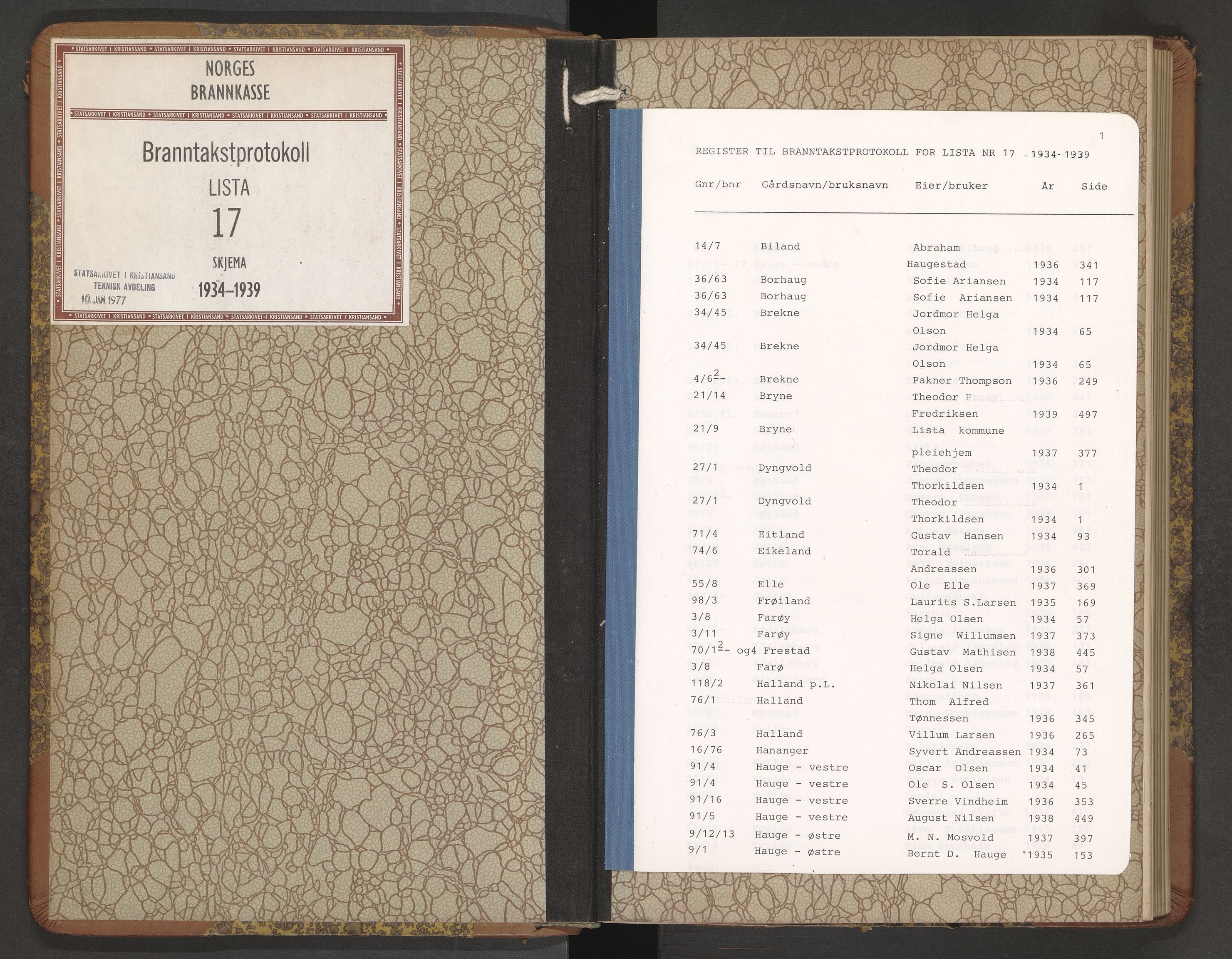 Norges Brannkasse Lista, AV/SAK-2241-0035/F/Fa/L0017: Branntakstprotokoll nr. 17 med gårdsnavnregister, 1934-1939