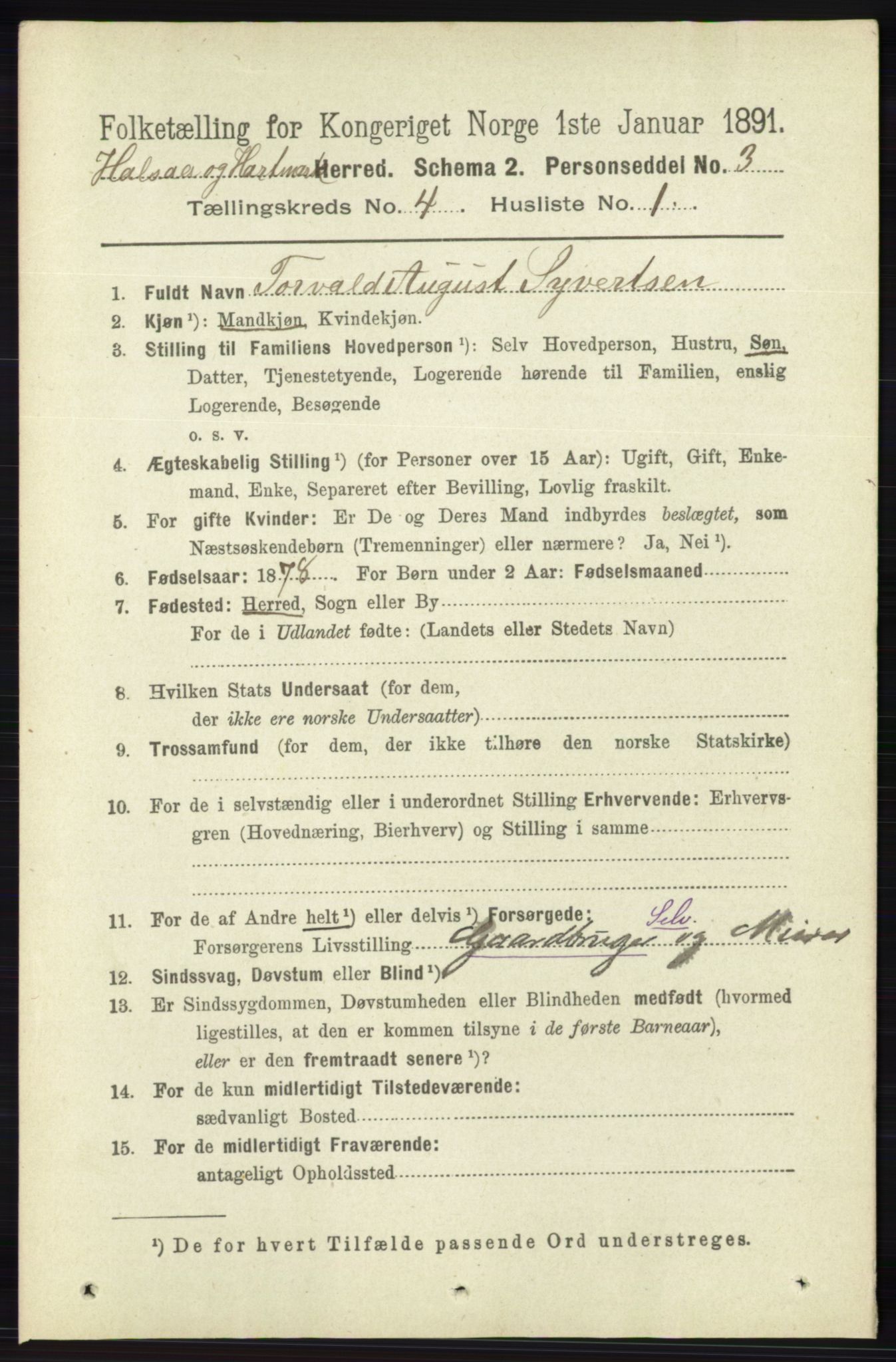 RA, 1891 census for 1019 Halse og Harkmark, 1891, p. 1494