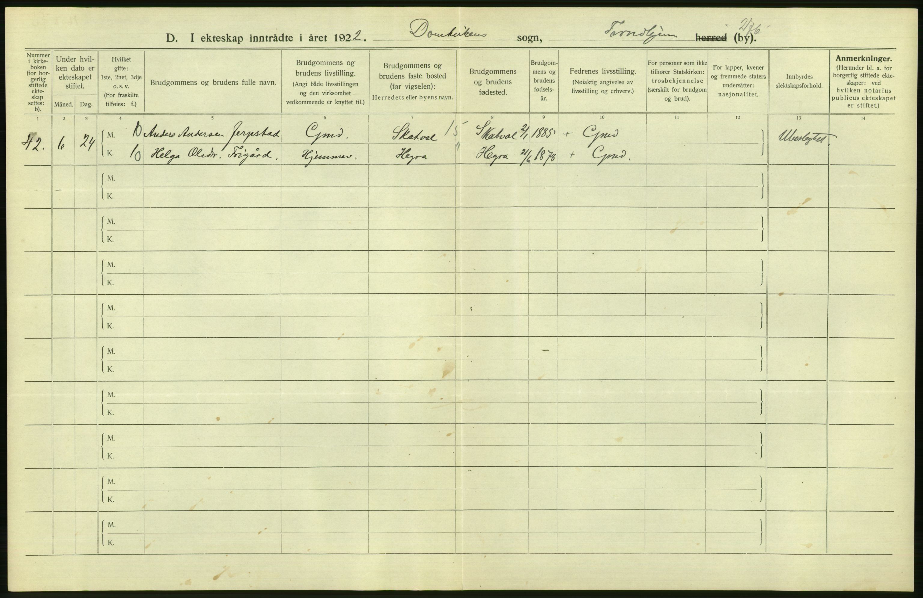 Statistisk sentralbyrå, Sosiodemografiske emner, Befolkning, AV/RA-S-2228/D/Df/Dfc/Dfcb/L0040: Trondheim: Gifte, døde, dødfødte., 1922, p. 64