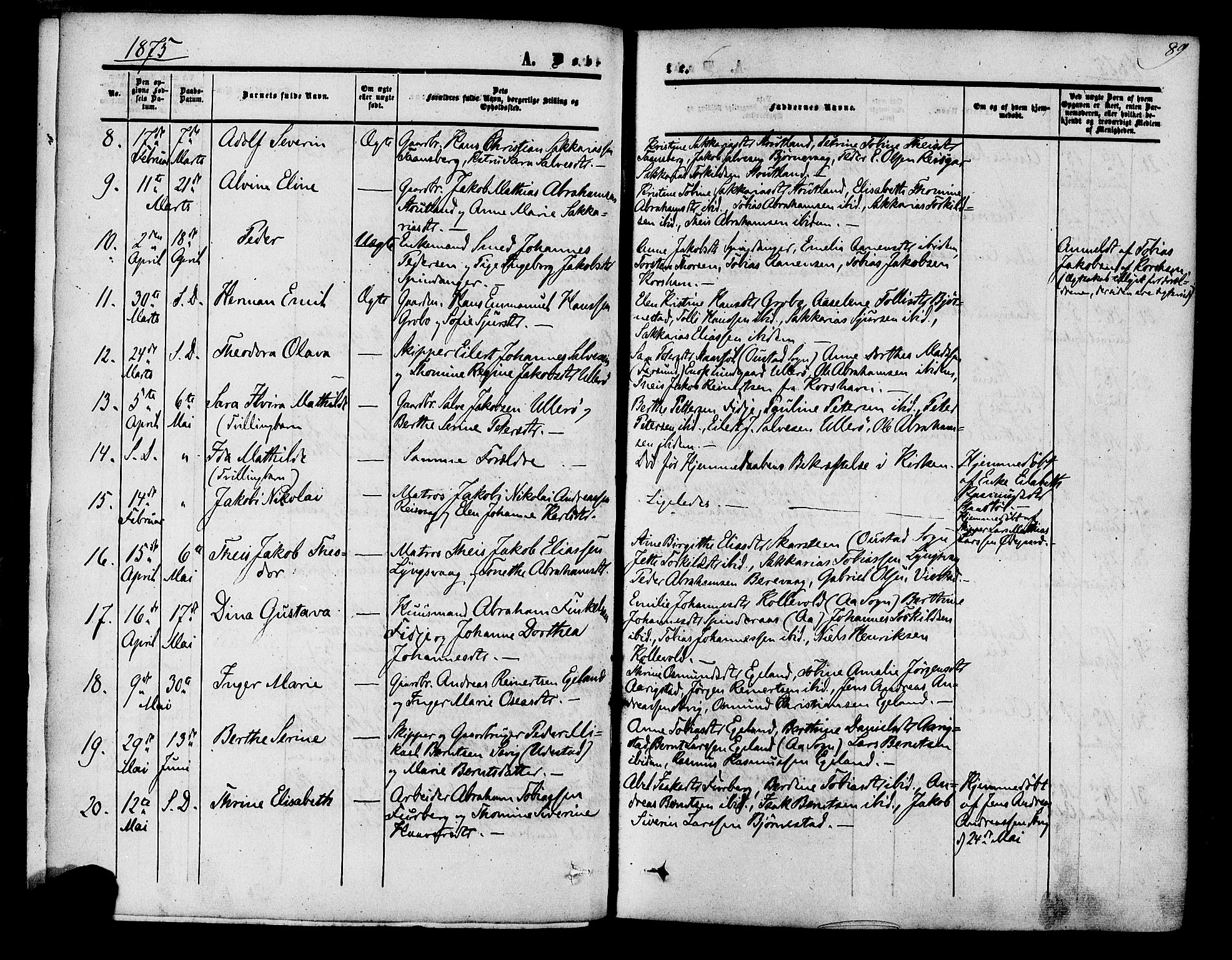 Herad sokneprestkontor, SAK/1111-0018/F/Fa/Fab/L0004: Parish register (official) no. A 4, 1853-1885, p. 89