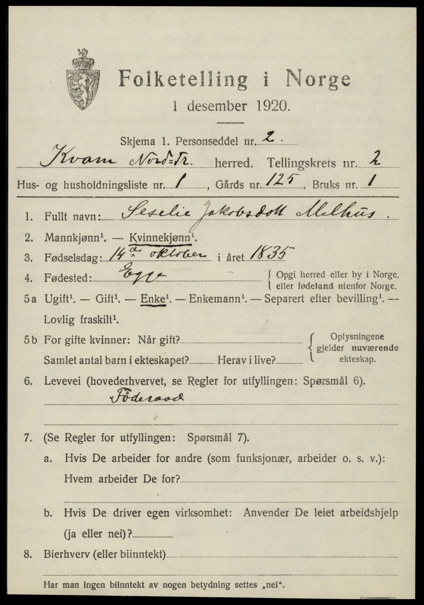 SAT, 1920 census for Kvam, 1920, p. 679