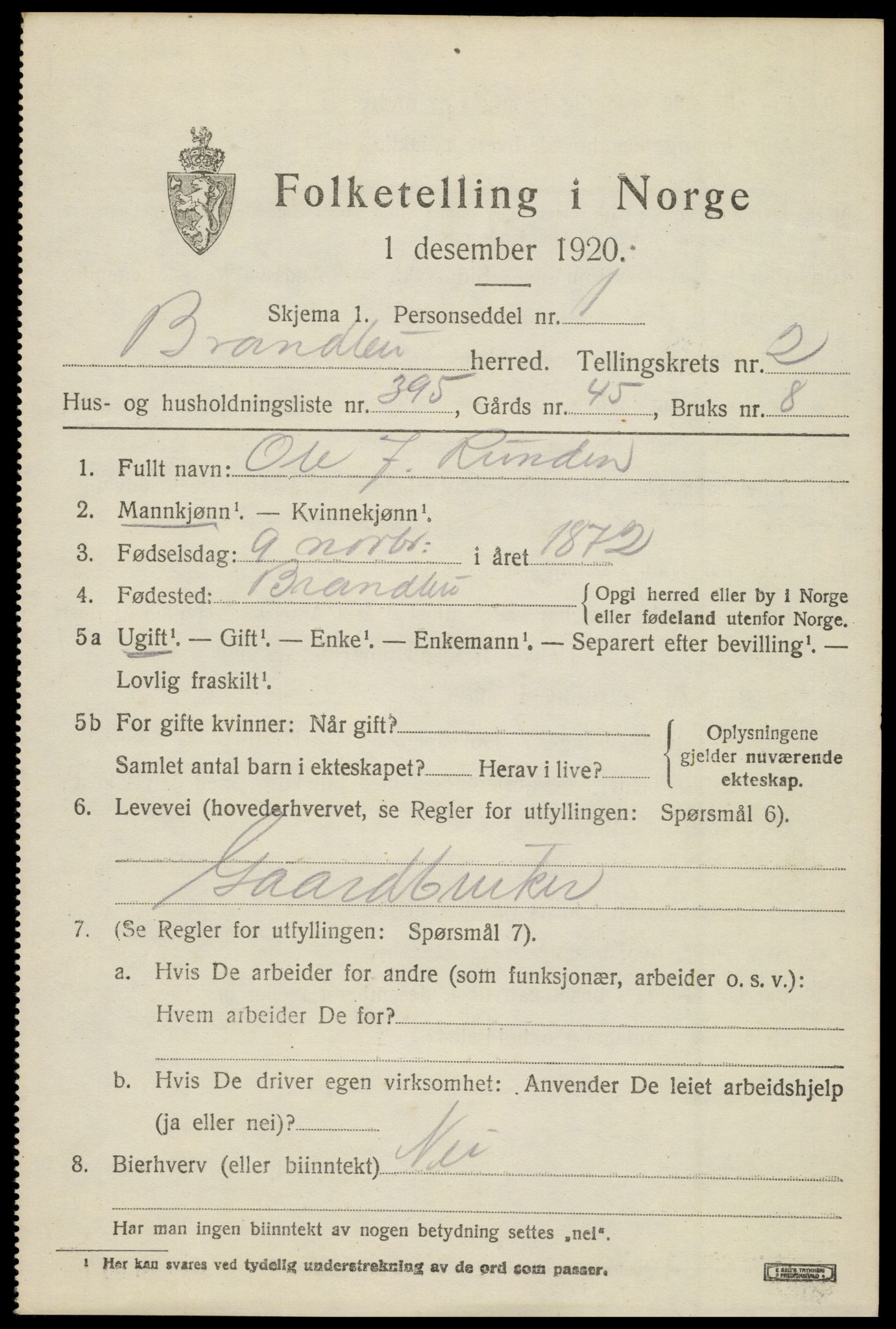 SAH, 1920 census for Brandbu, 1920, p. 8009