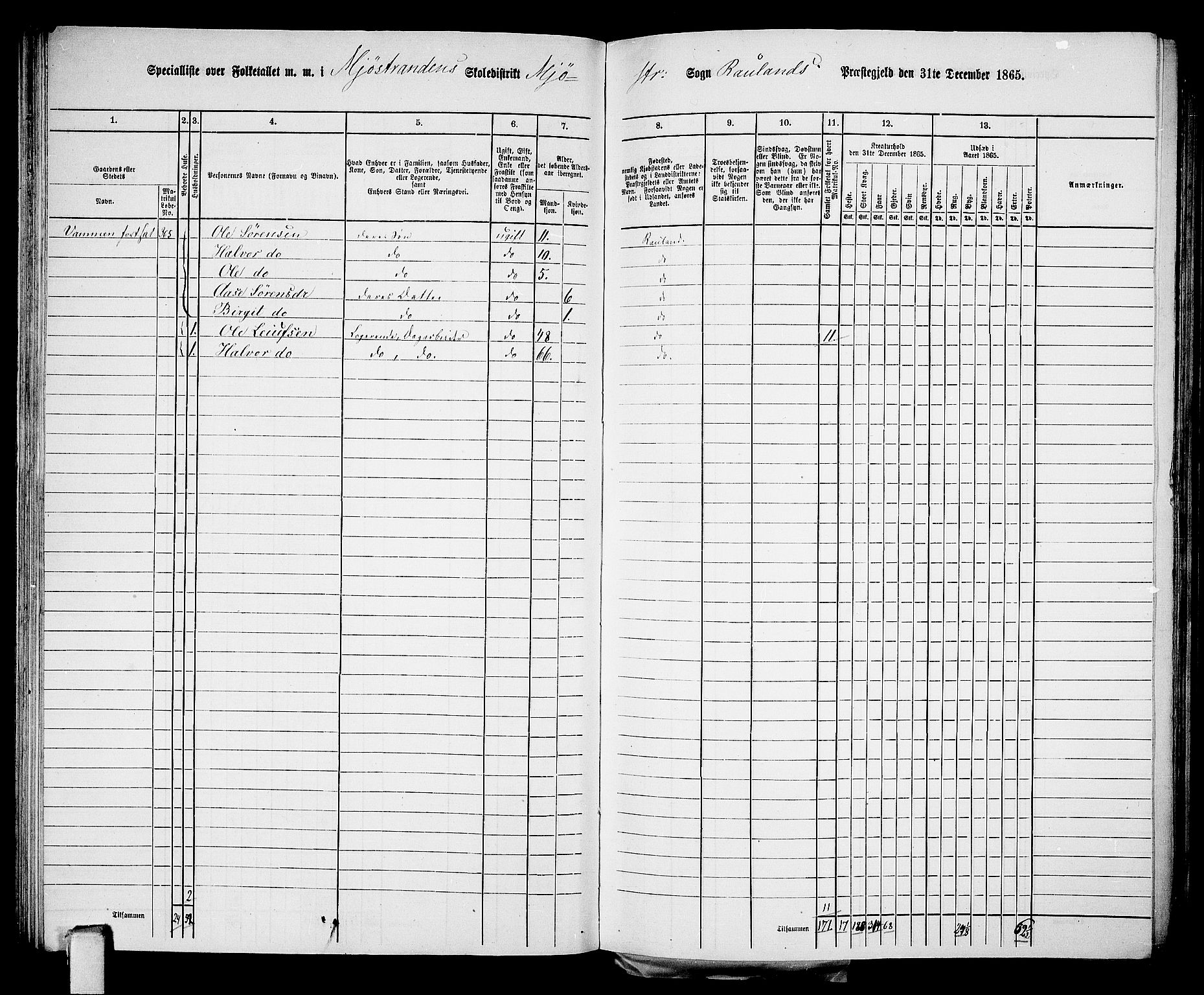 RA, 1865 census for Rauland, 1865, p. 59