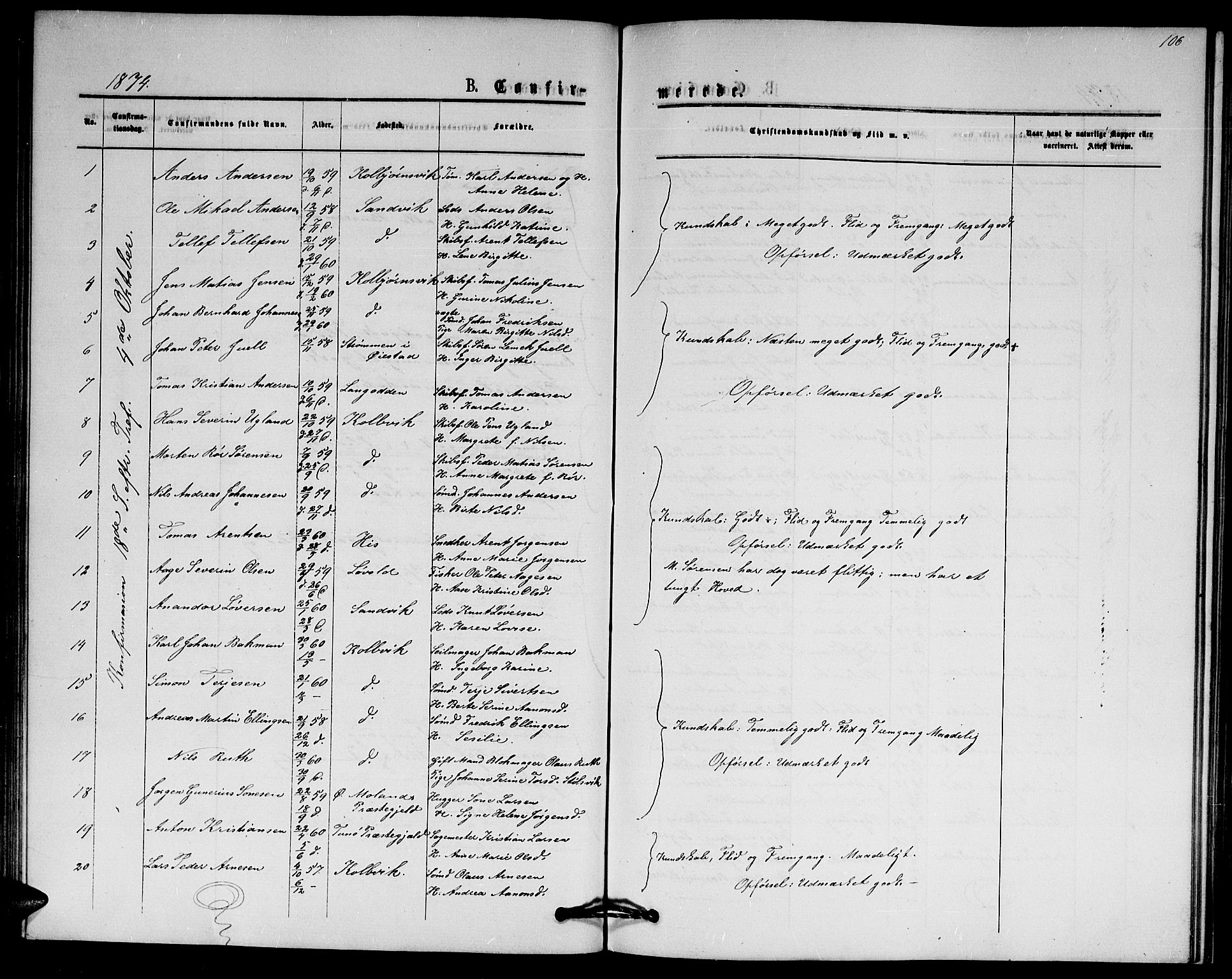 Hisøy sokneprestkontor, SAK/1111-0020/F/Fb/L0002: Parish register (copy) no. B 2, 1873-1885, p. 106