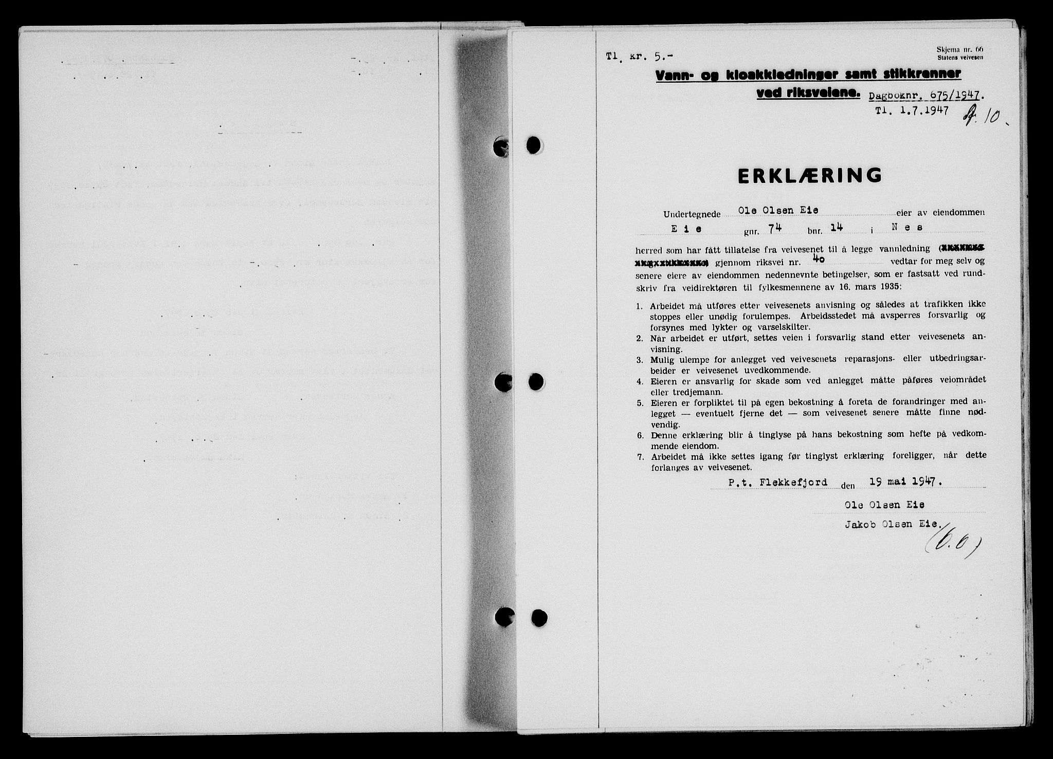 Flekkefjord sorenskriveri, SAK/1221-0001/G/Gb/Gba/L0062: Mortgage book no. A-10, 1947-1947, Diary no: : 675/1947