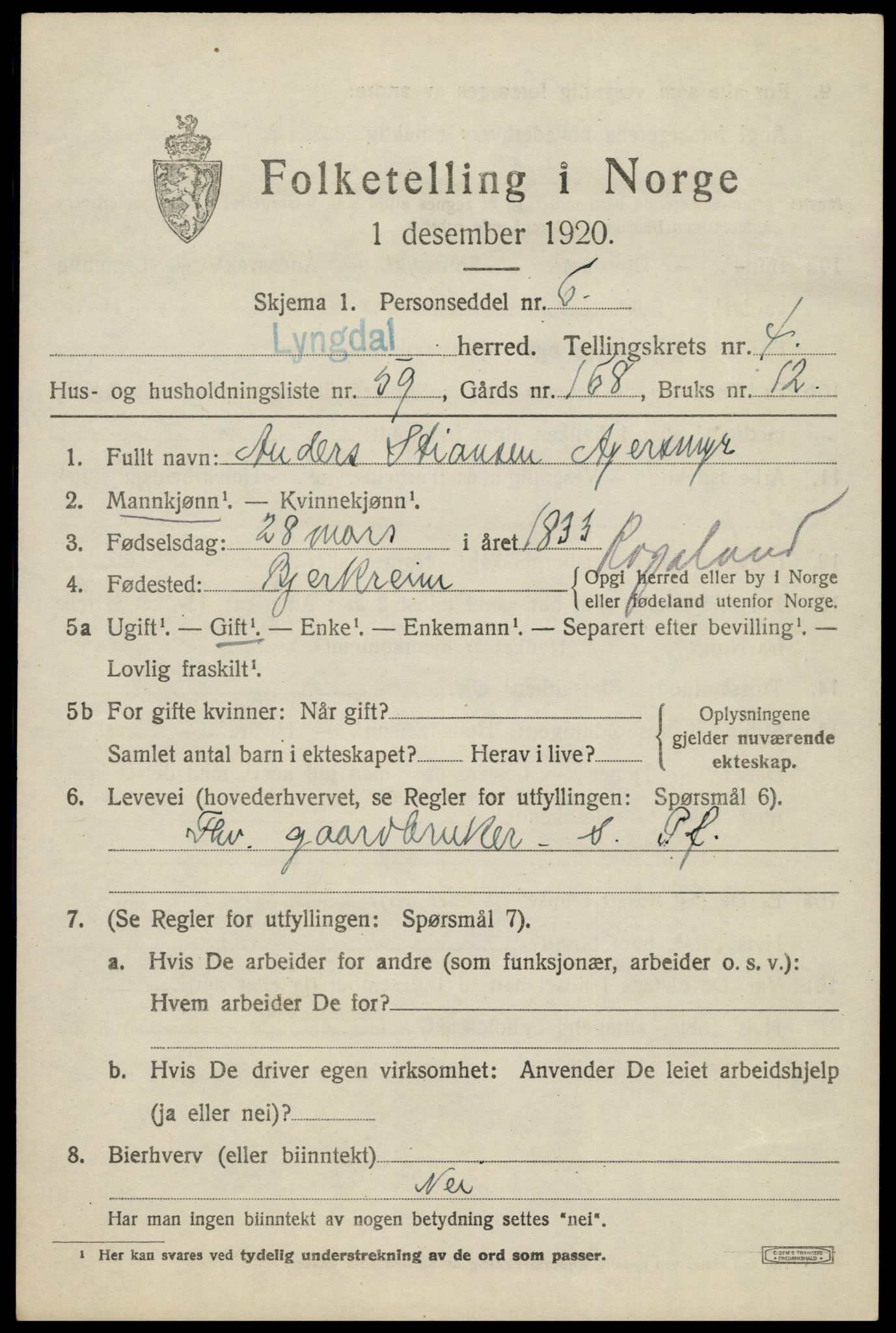 SAK, 1920 census for Lyngdal, 1920, p. 2999