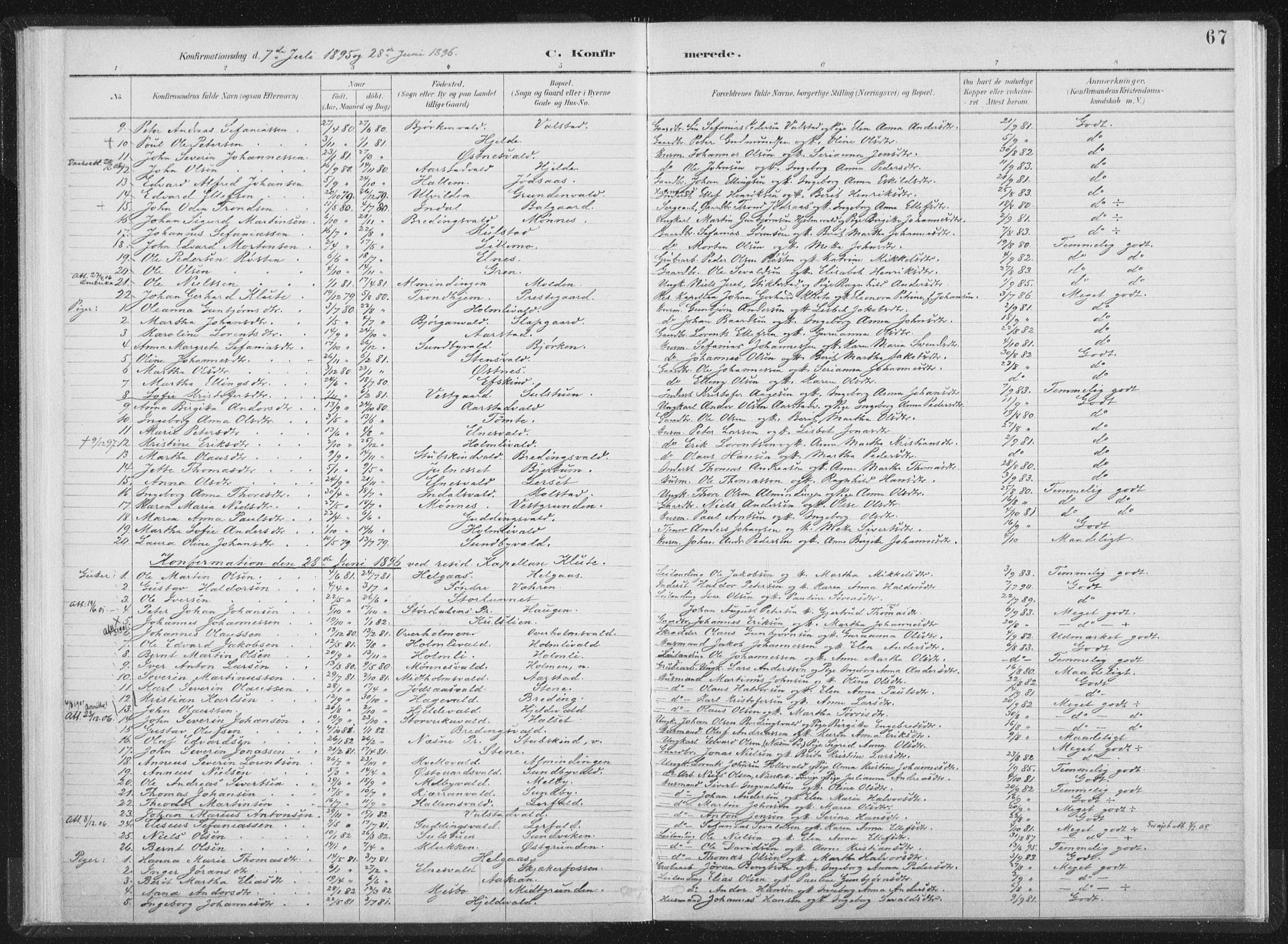 Ministerialprotokoller, klokkerbøker og fødselsregistre - Nord-Trøndelag, SAT/A-1458/724/L0263: Parish register (official) no. 724A01, 1891-1907, p. 67
