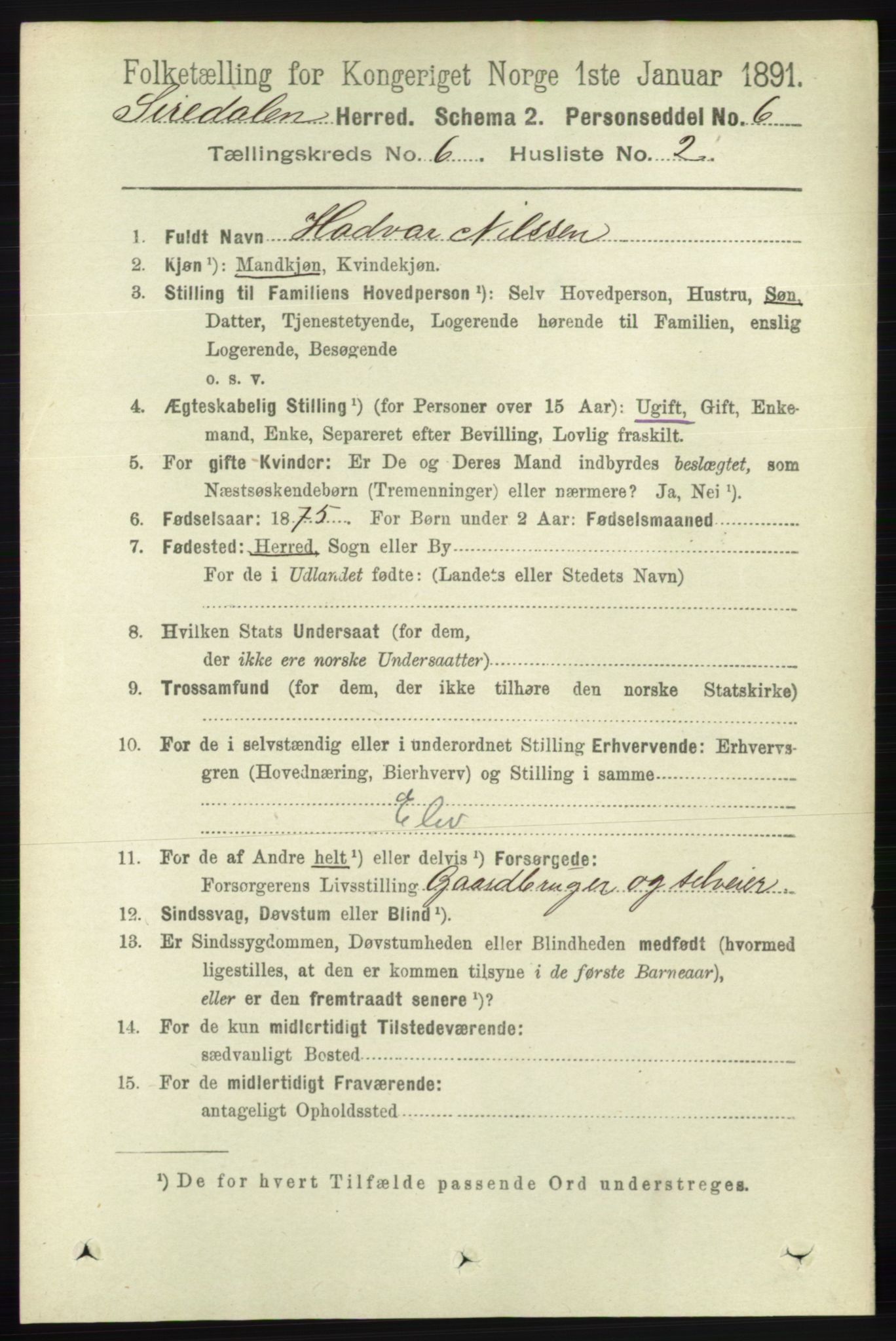 RA, 1891 census for 1046 Sirdal, 1891, p. 1644