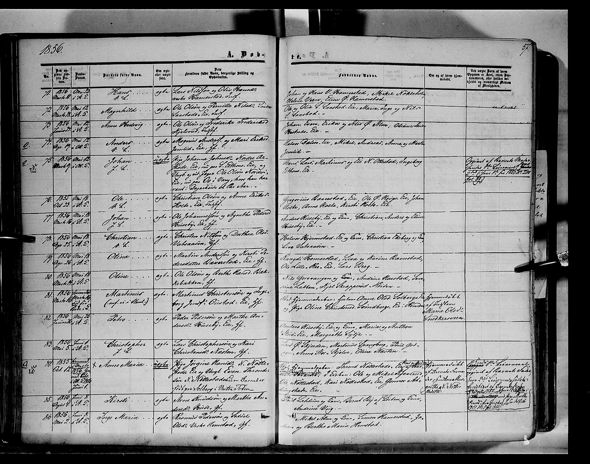 Stange prestekontor, SAH/PREST-002/K/L0012: Parish register (official) no. 12, 1852-1862, p. 57