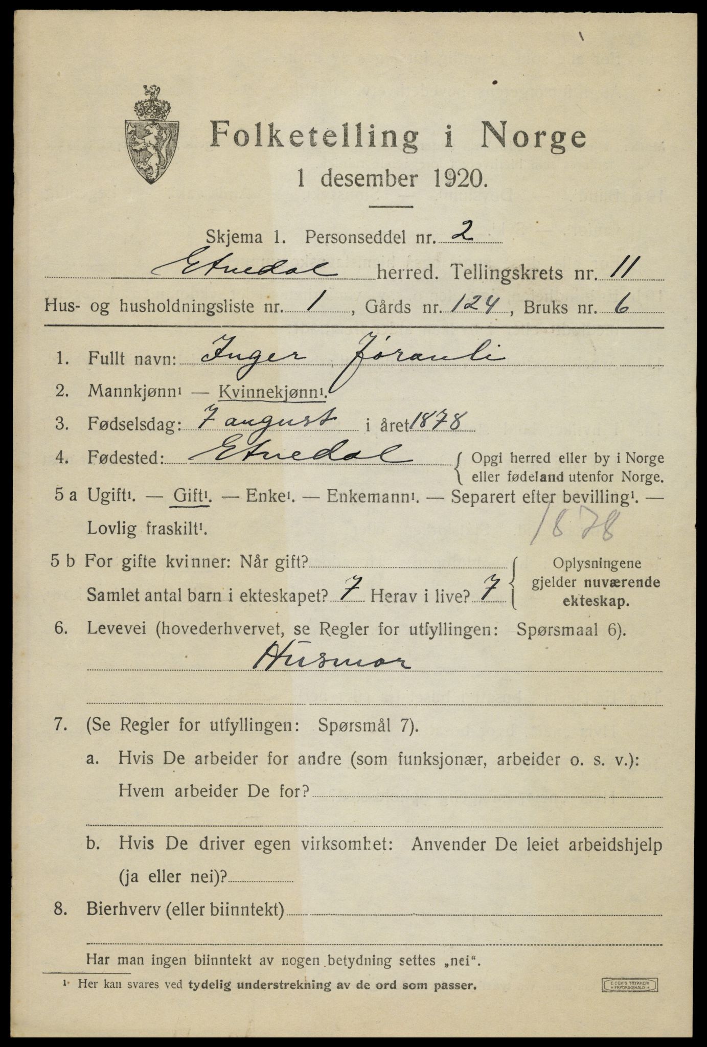 SAH, 1920 census for Etnedal, 1920, p. 4570