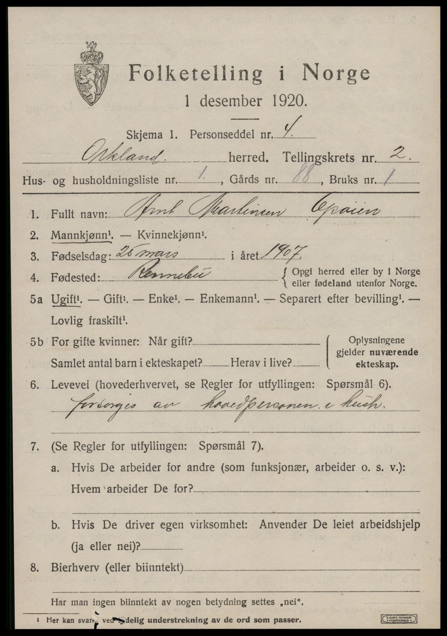 SAT, 1920 census for Orkland, 1920, p. 1680