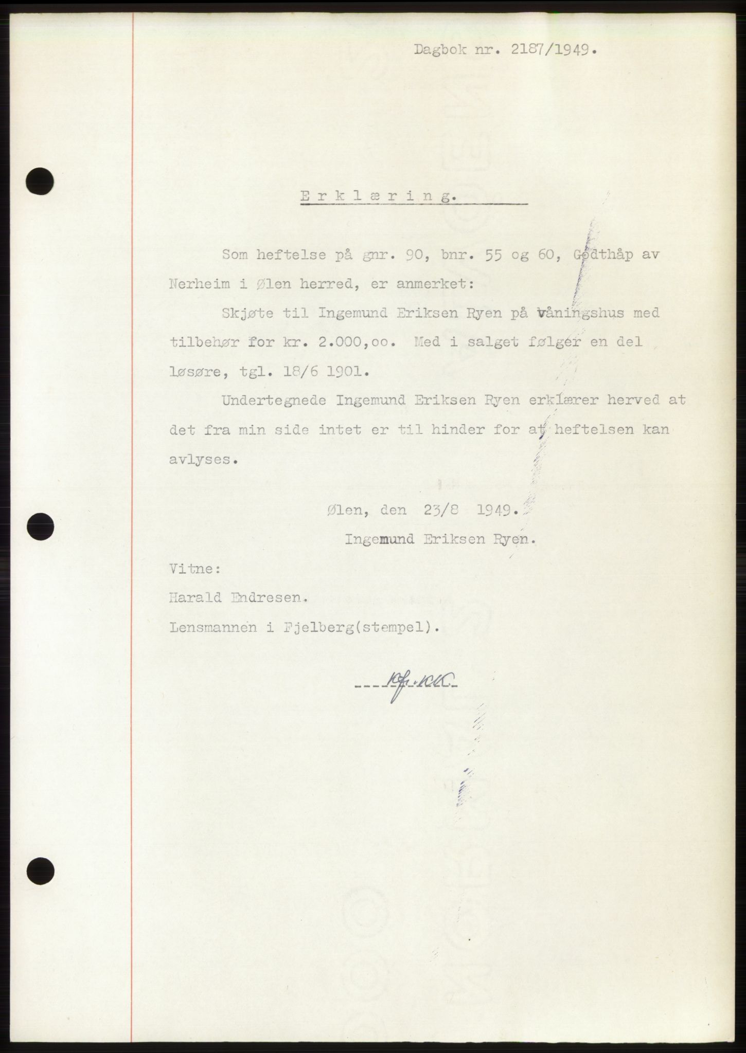 Sunnhordland sorenskrivar, AV/SAB-A-2401: Mortgage book no. B75-79, 1948-1950, Diary no: : 2187/1949