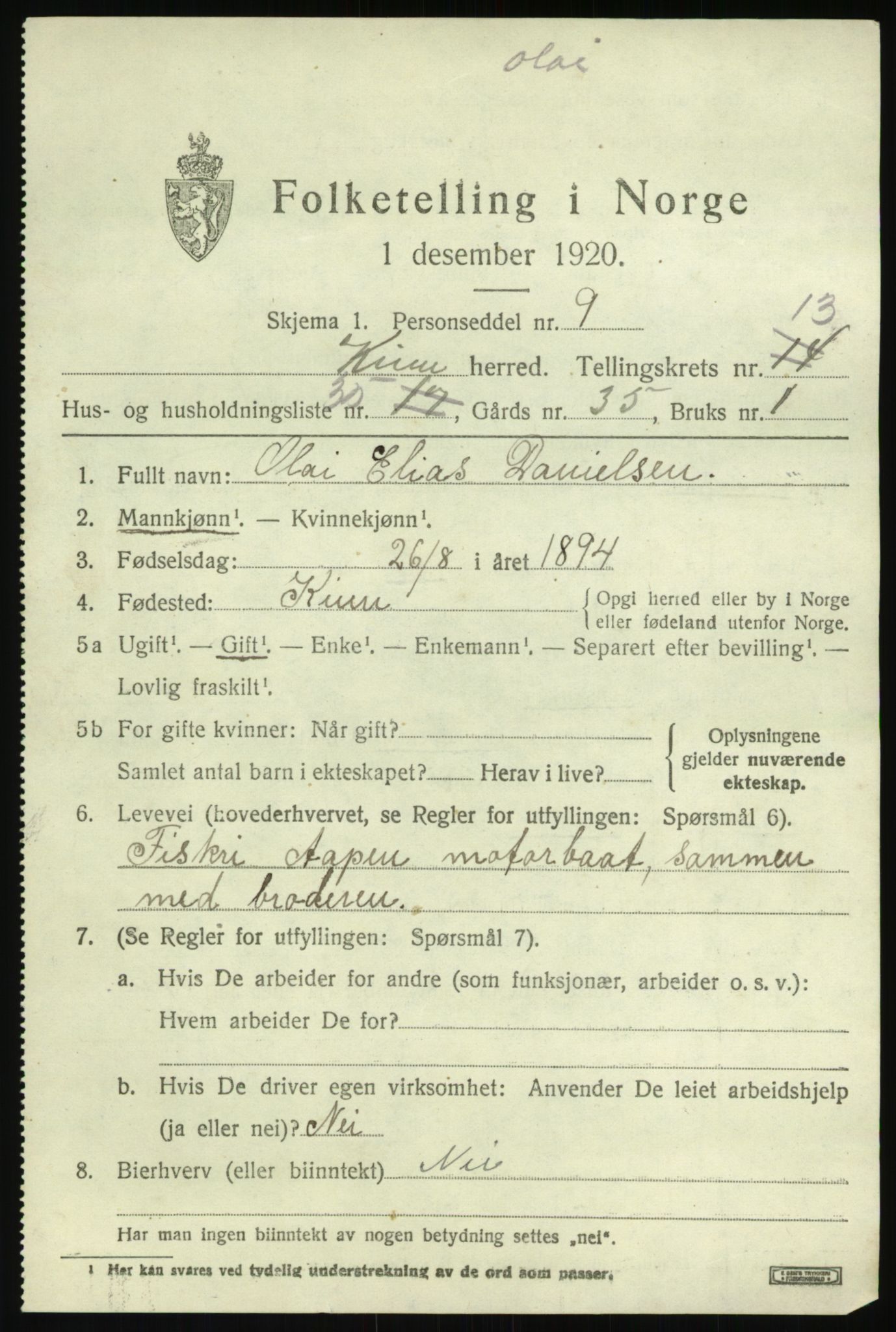 SAB, 1920 census for Kinn, 1920, p. 5113