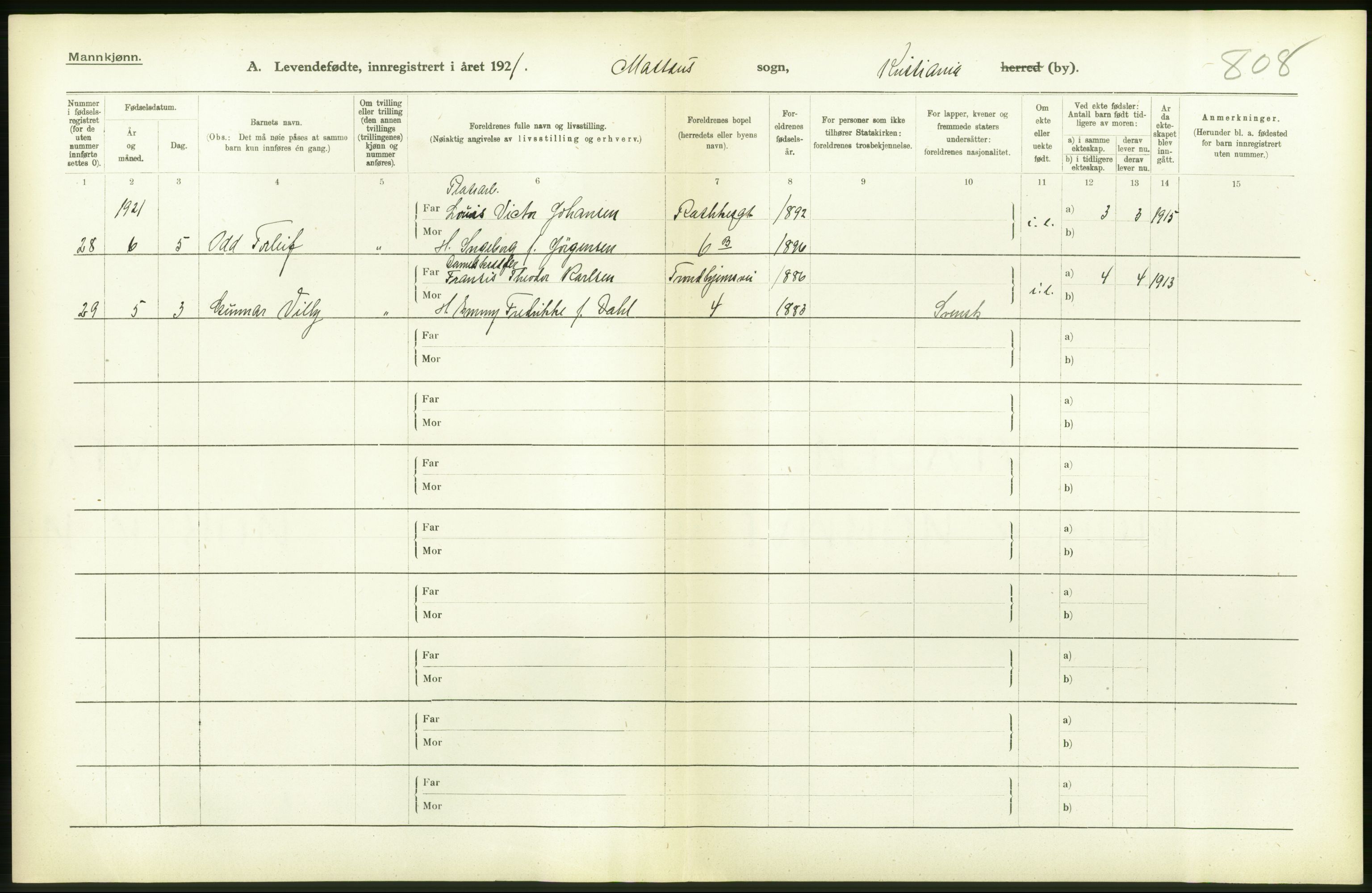 Statistisk sentralbyrå, Sosiodemografiske emner, Befolkning, AV/RA-S-2228/D/Df/Dfc/Dfca/L0008: Kristiania: Levendefødte menn og kvinner., 1921, p. 136