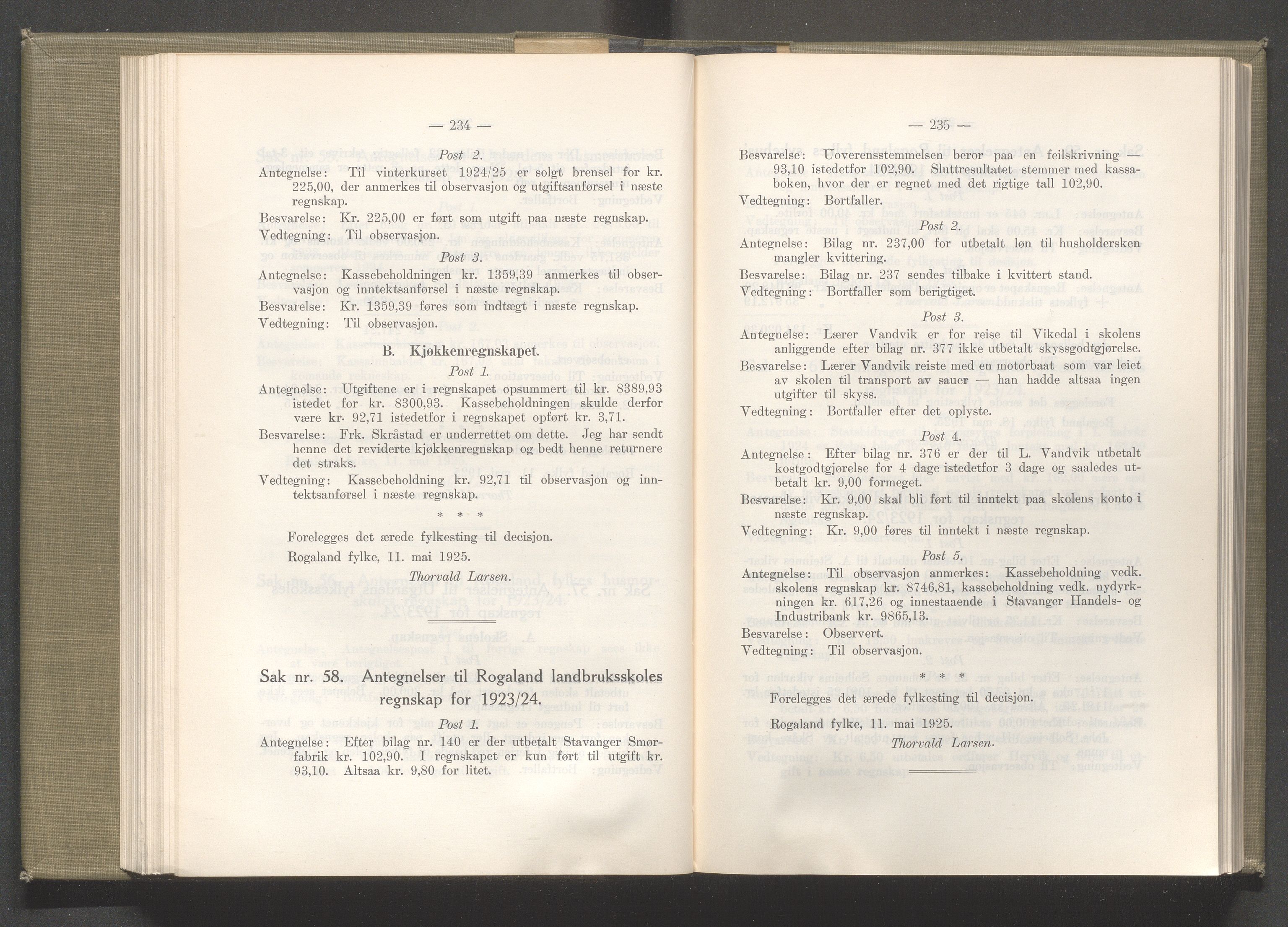 Rogaland fylkeskommune - Fylkesrådmannen , IKAR/A-900/A/Aa/Aaa/L0044: Møtebok , 1925, p. 234-235