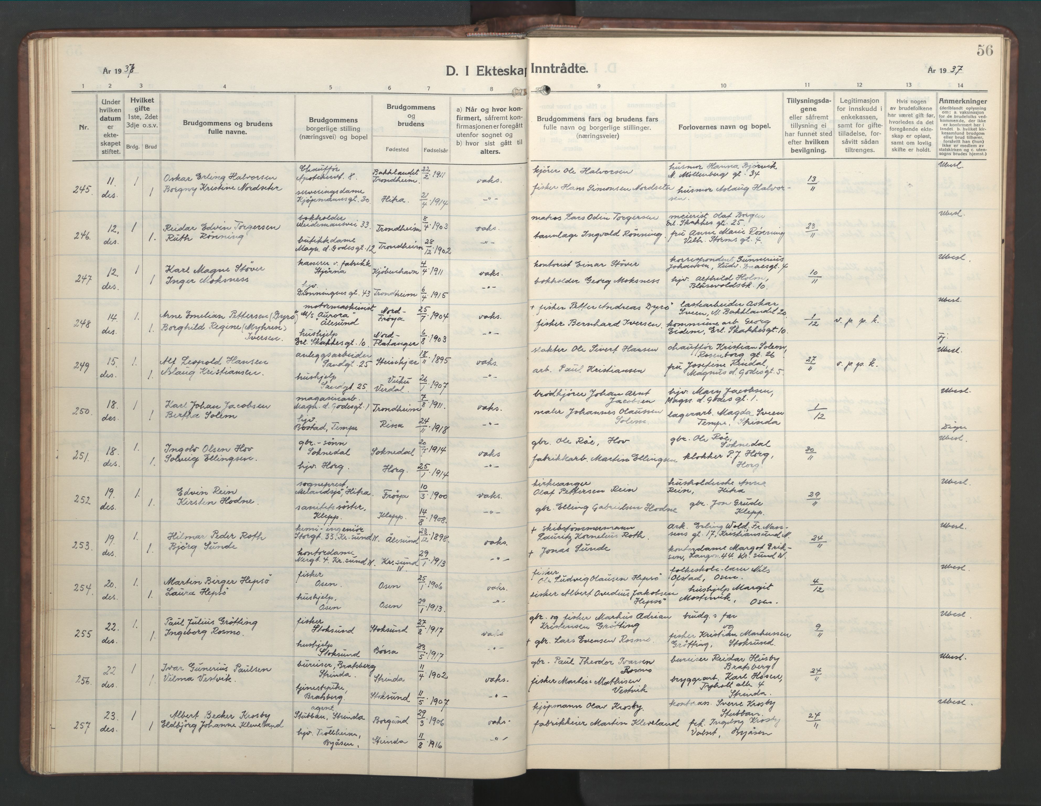 Ministerialprotokoller, klokkerbøker og fødselsregistre - Sør-Trøndelag, SAT/A-1456/601/L0101: Parish register (copy) no. 601C19, 1935-1946, p. 56