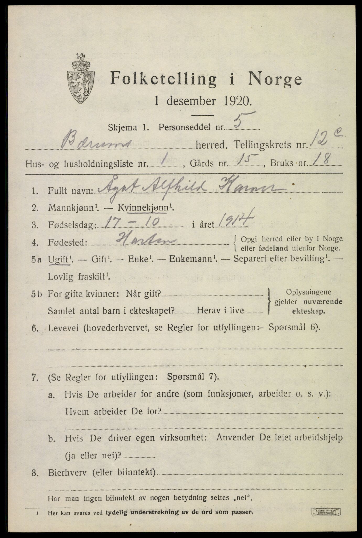 SAO, 1920 census for Bærum, 1920, p. 29392