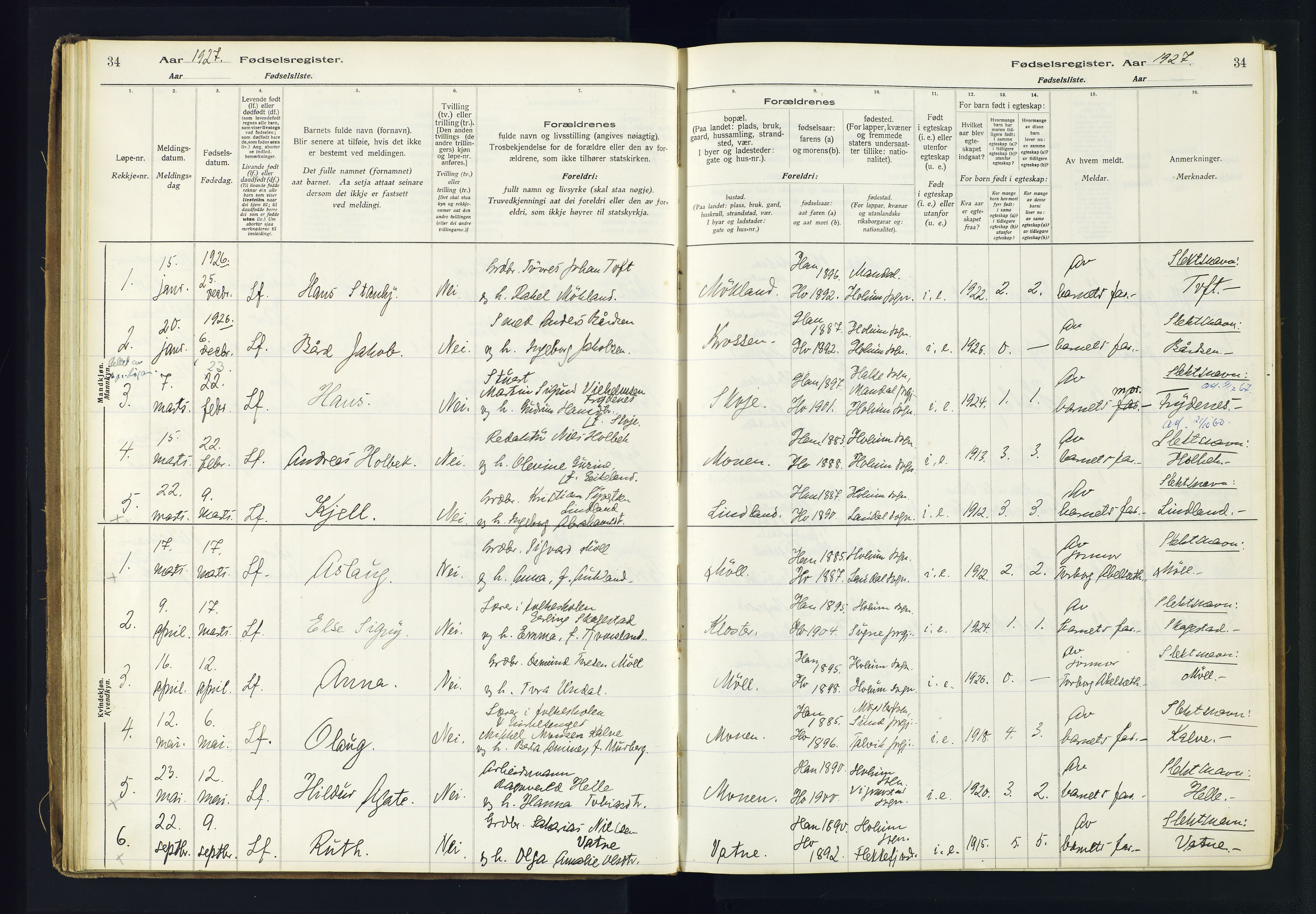 Holum sokneprestkontor, SAK/1111-0022/J/Ja/L0003: Birth register no. II.6.12, 1916-1982, p. 34