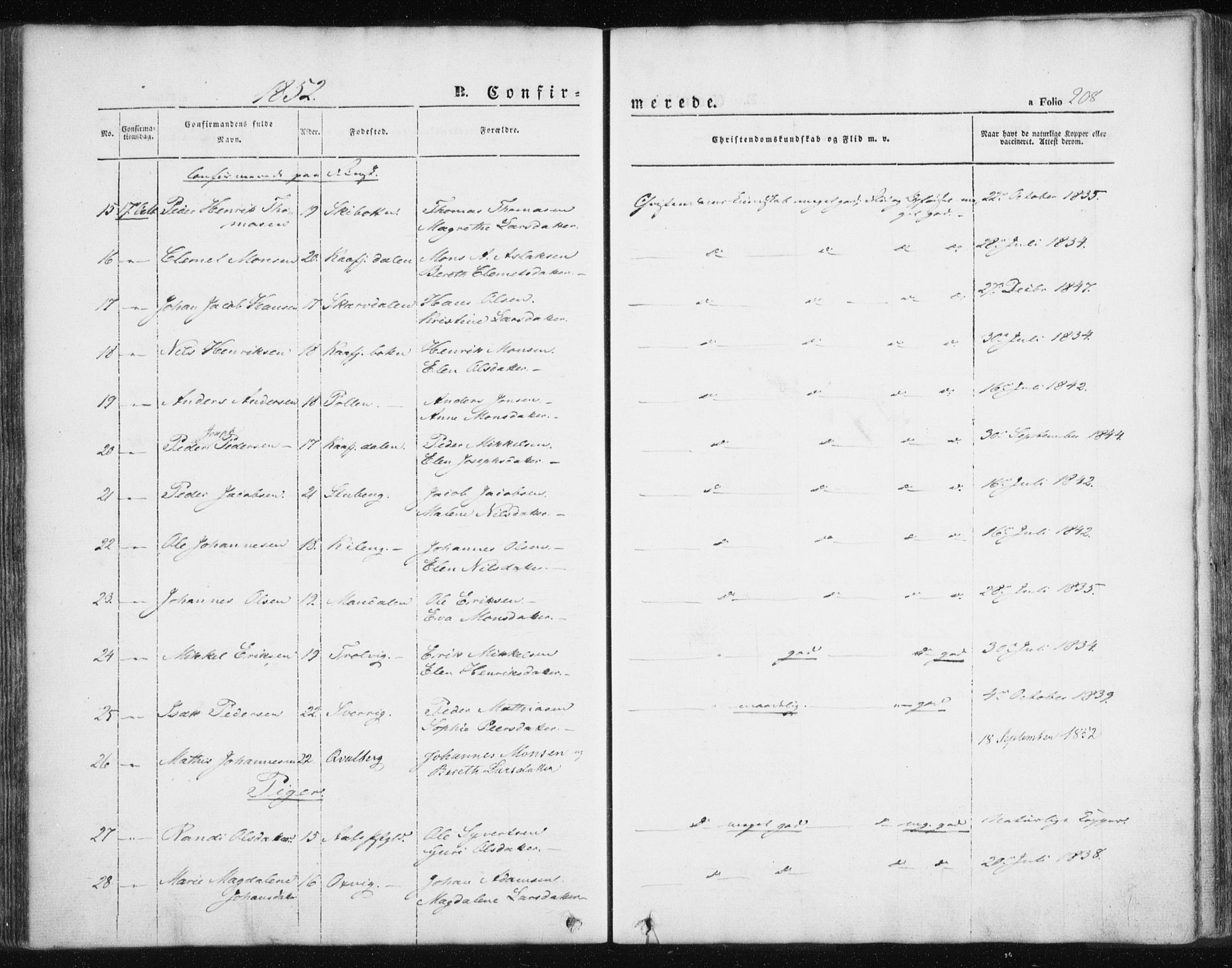 Lyngen sokneprestembete, AV/SATØ-S-1289/H/He/Hea/L0004kirke: Parish register (official) no. 4, 1839-1858, p. 208