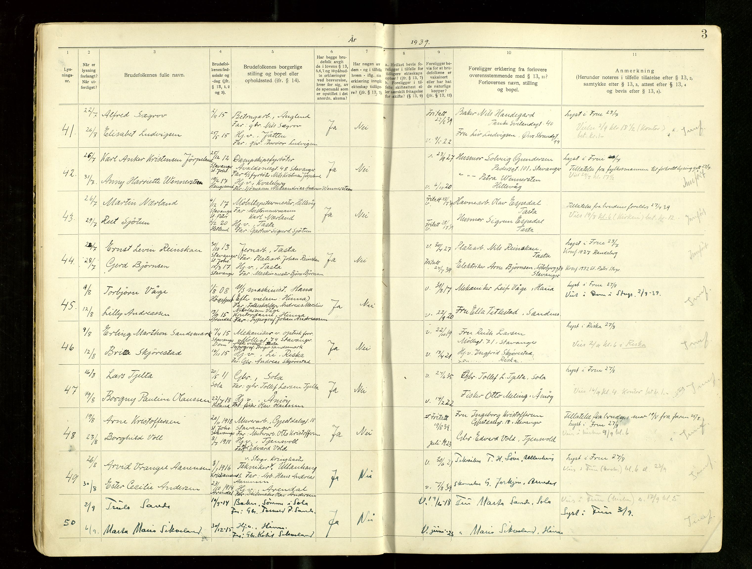 Hetland sokneprestkontor, AV/SAST-A-101826/70/705BA/L0007: Banns register no. 7, 1939-1951, p. 3