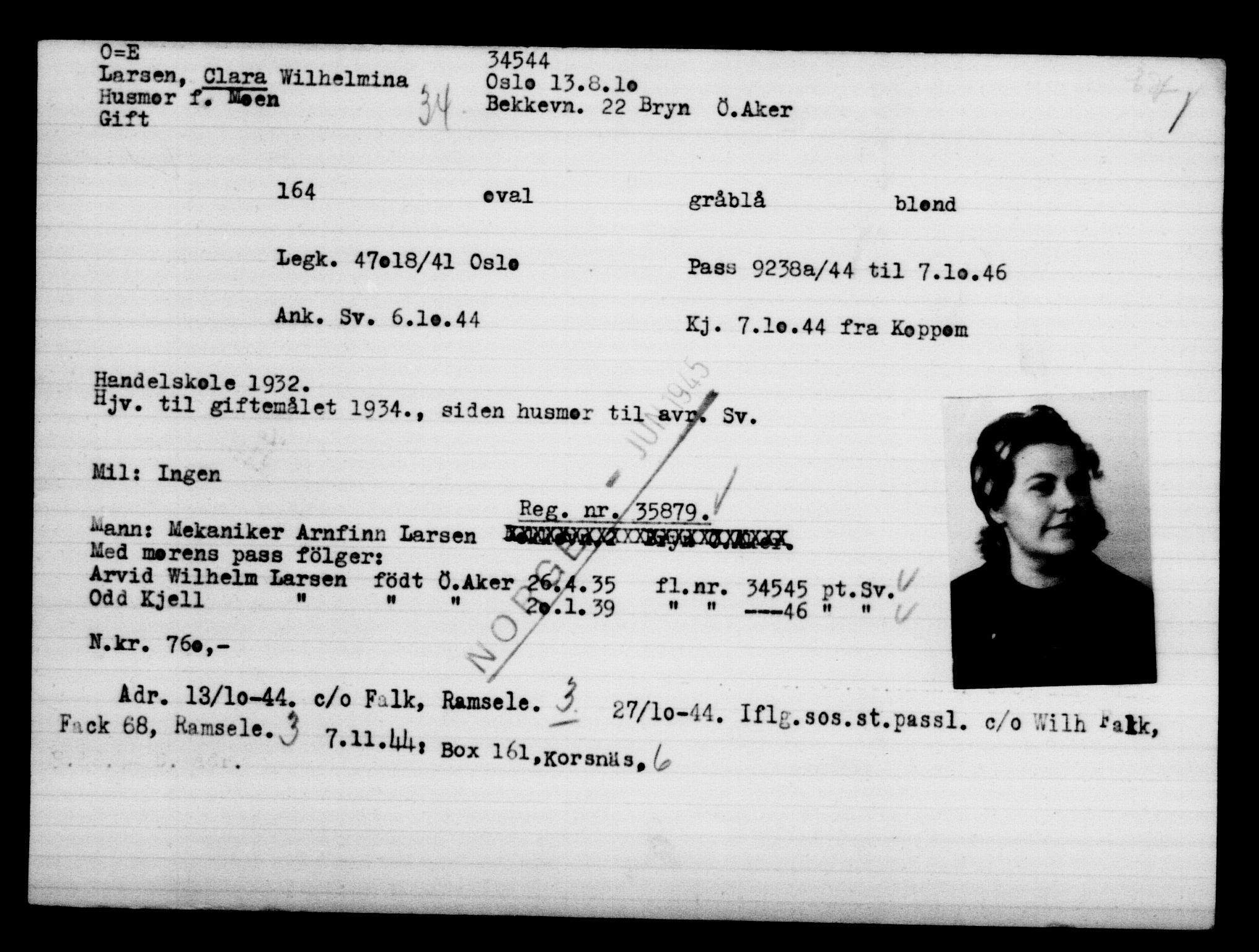 Utenriksstasjonene, Legasjonen i Stockholm, Flyktningkontoret, AV/RA-S-6753/V/Va/L0013: Kjesäterkartoteket, flyktninger med registreringsnr. 31500-34731, 1940-1945, p. 3207