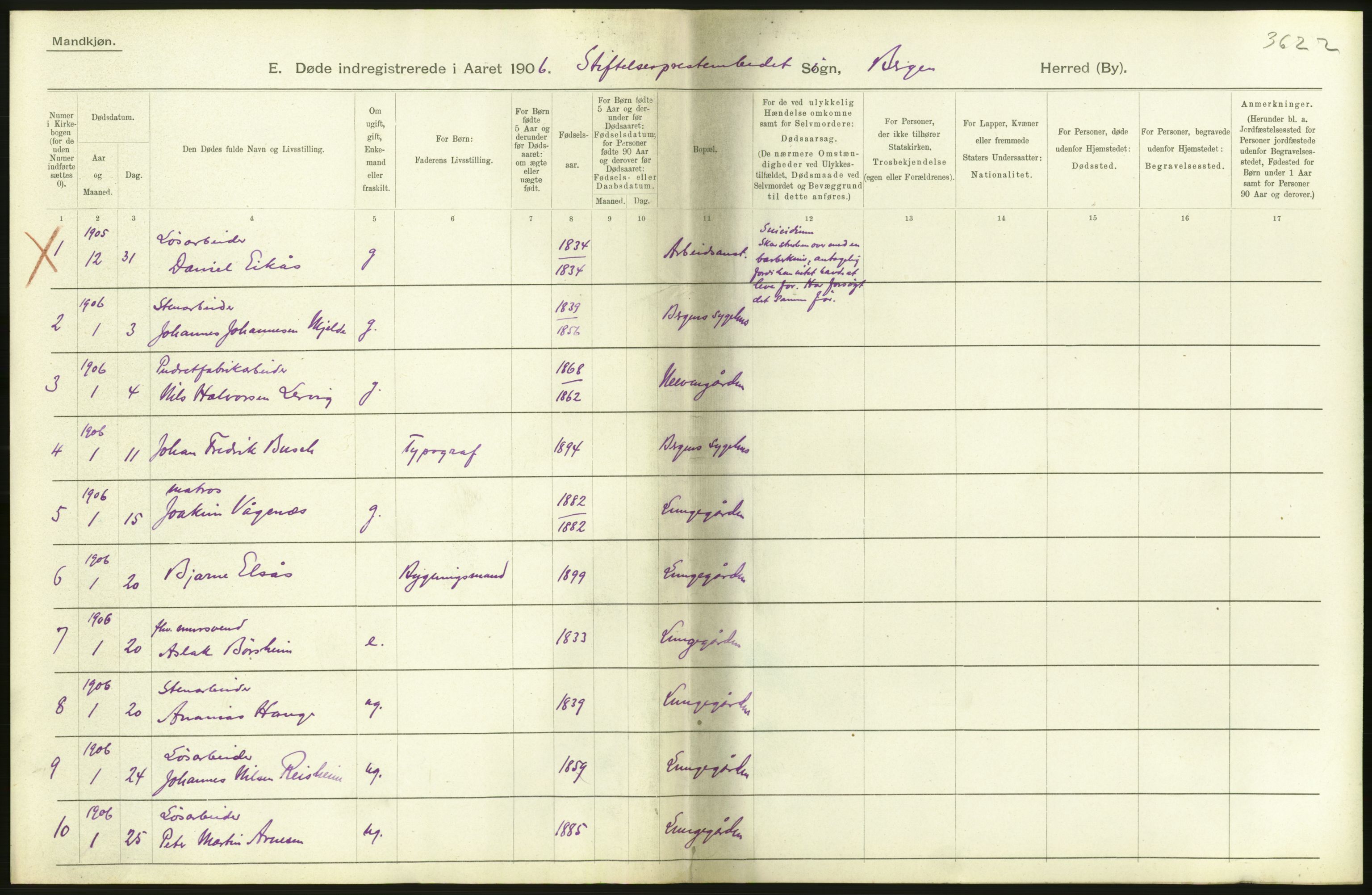 Statistisk sentralbyrå, Sosiodemografiske emner, Befolkning, RA/S-2228/D/Df/Dfa/Dfad/L0032: Bergen: Gifte, døde, dødfødte., 1906, p. 112